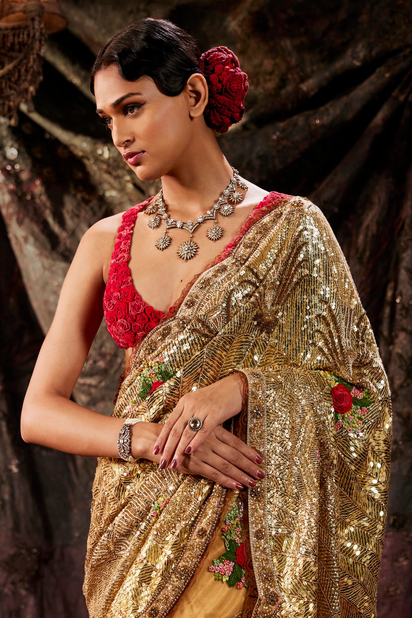 Golden Art Deco Embellished Tulle Saree