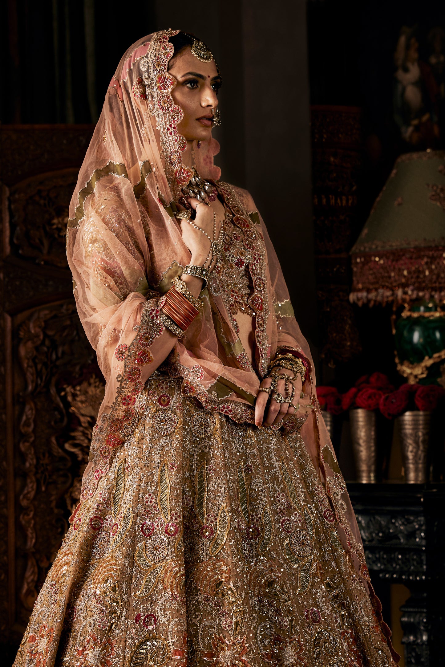 Peach Gold Tulle Lehenga