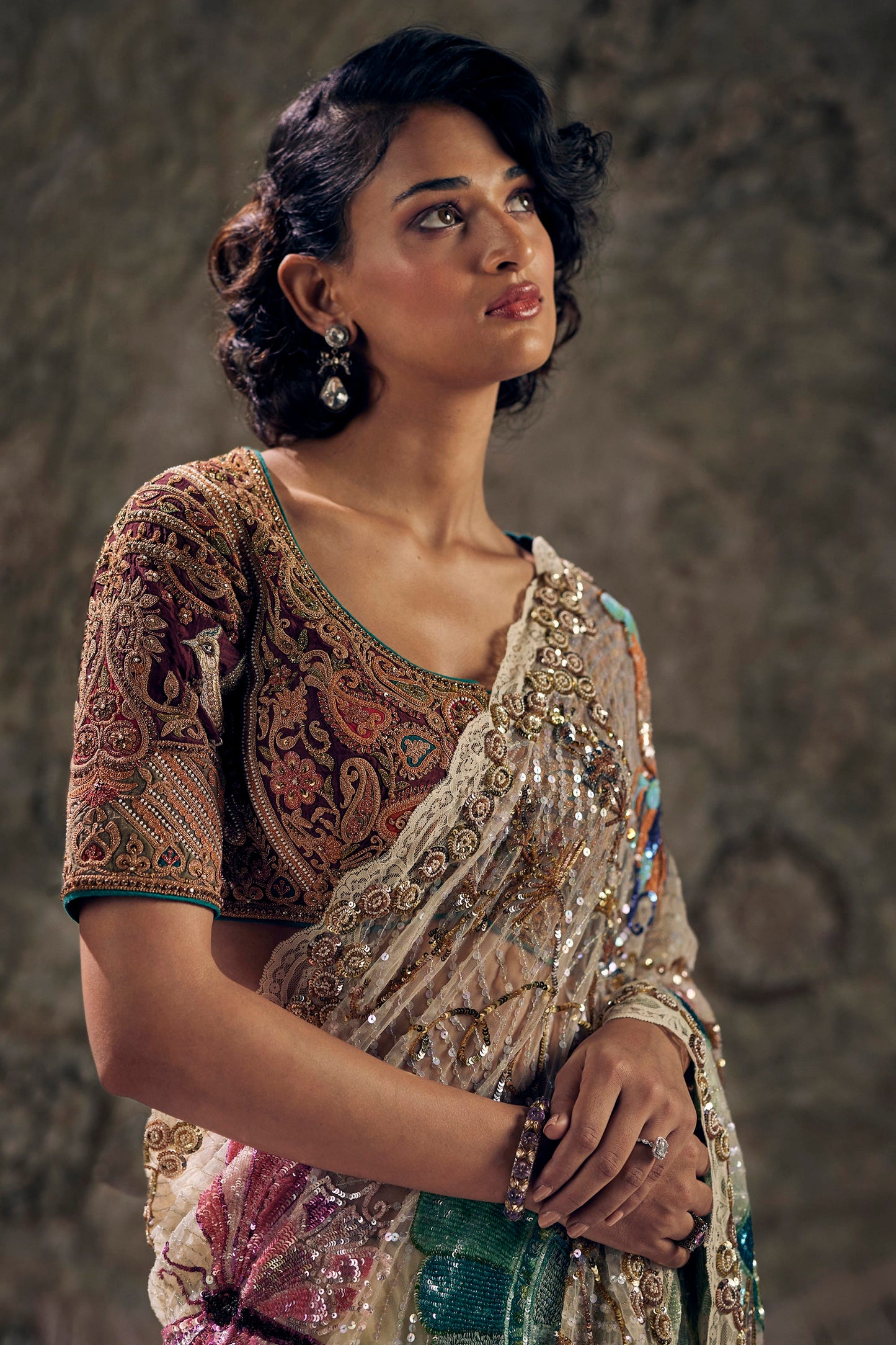 Ivory Art Deco Embroidered Tulle Saree