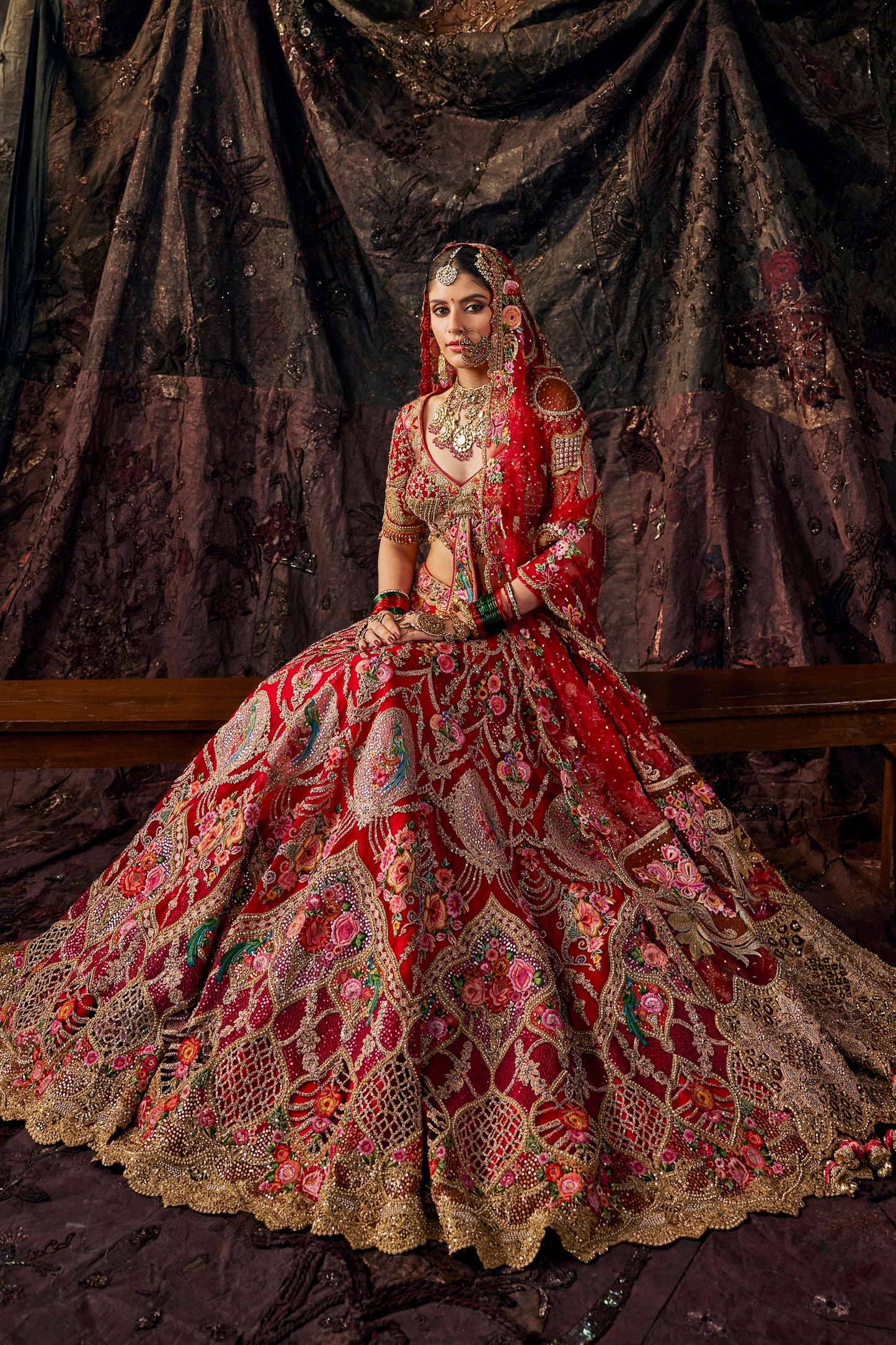 Crimson Floral Embroidered Lehenga