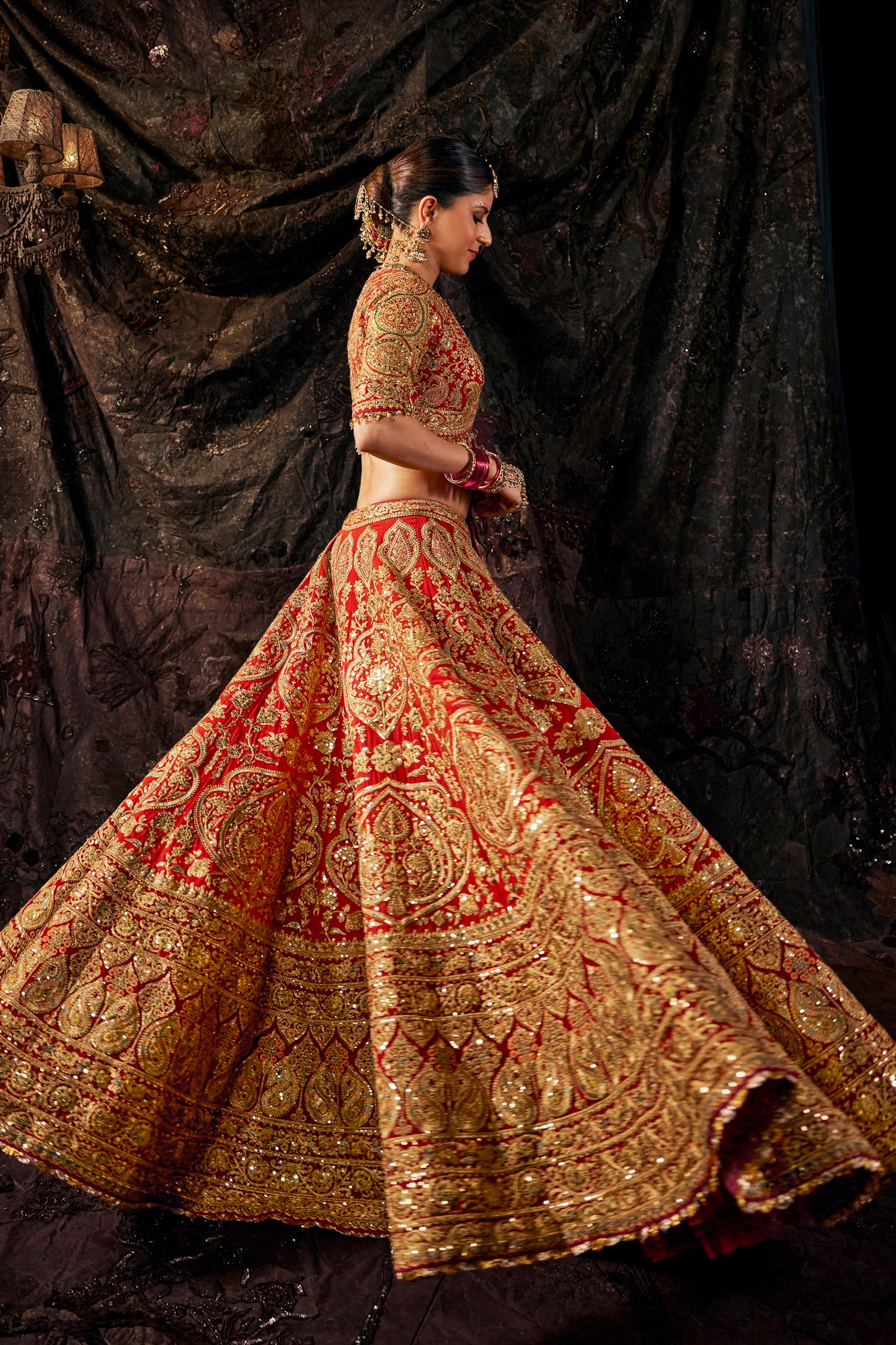 Deep Red Embroidered Georgette Lehenga