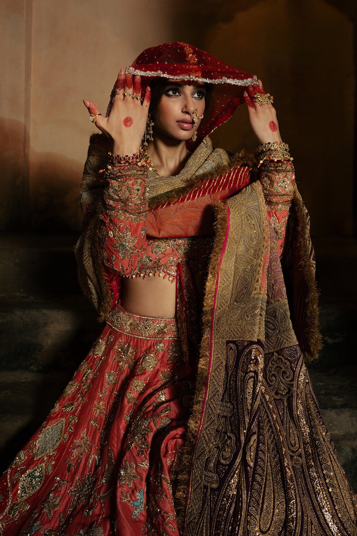 Handcrafted Earthy Coral Hued Lehenga