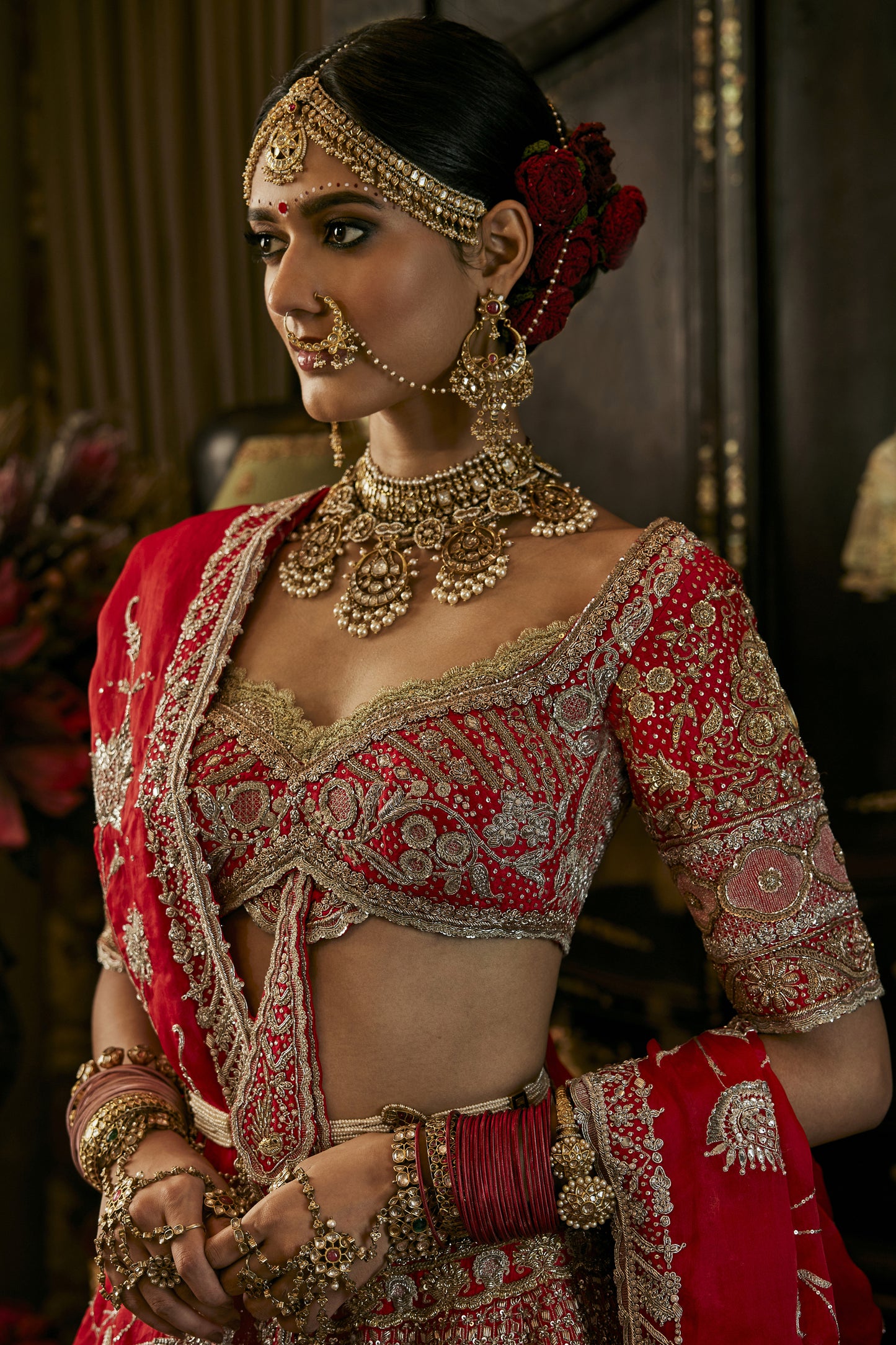 Lush Red Floral Bouquets Lehenga