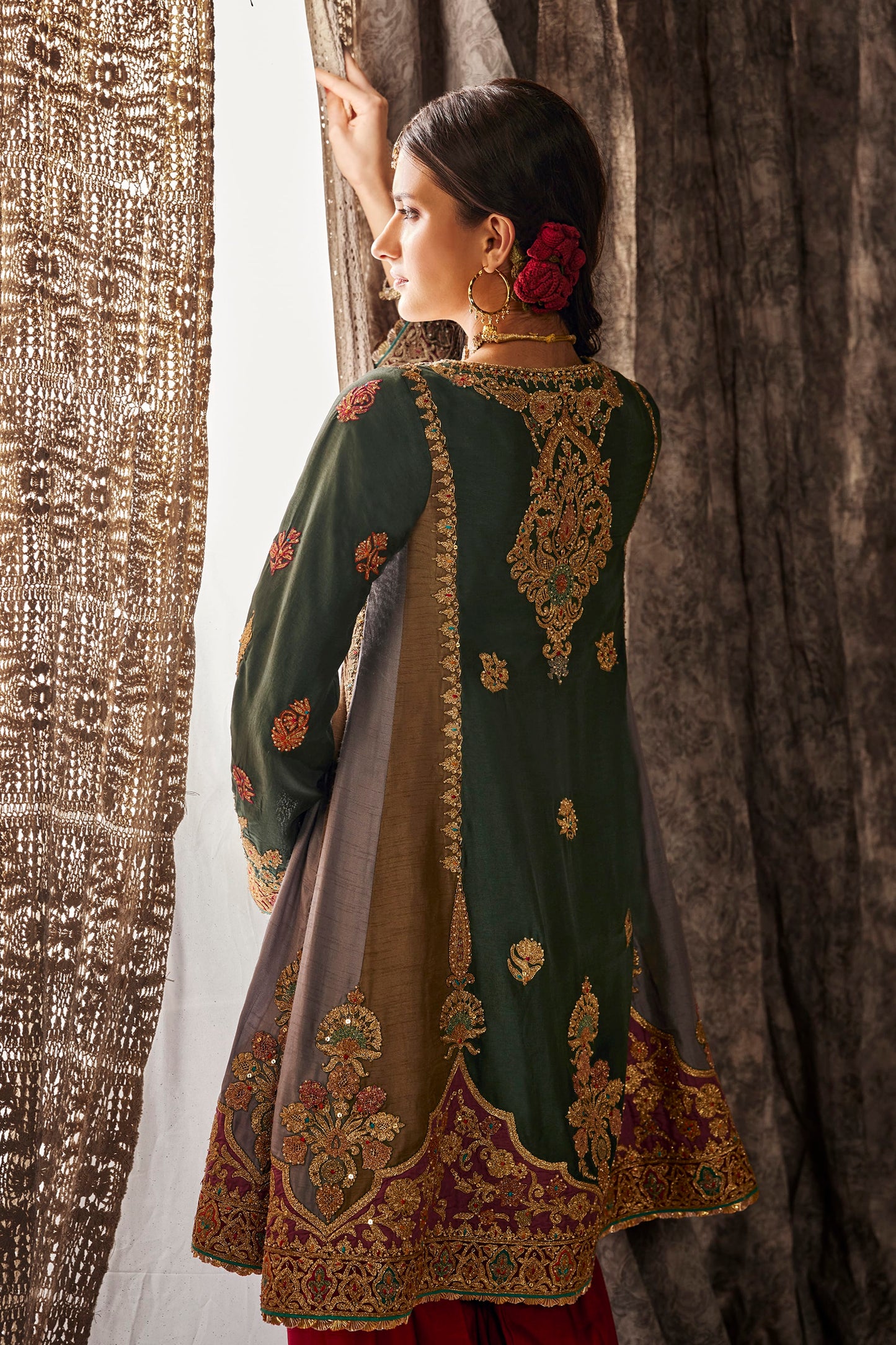 Teal Green Embroidered Flared Kurta Set