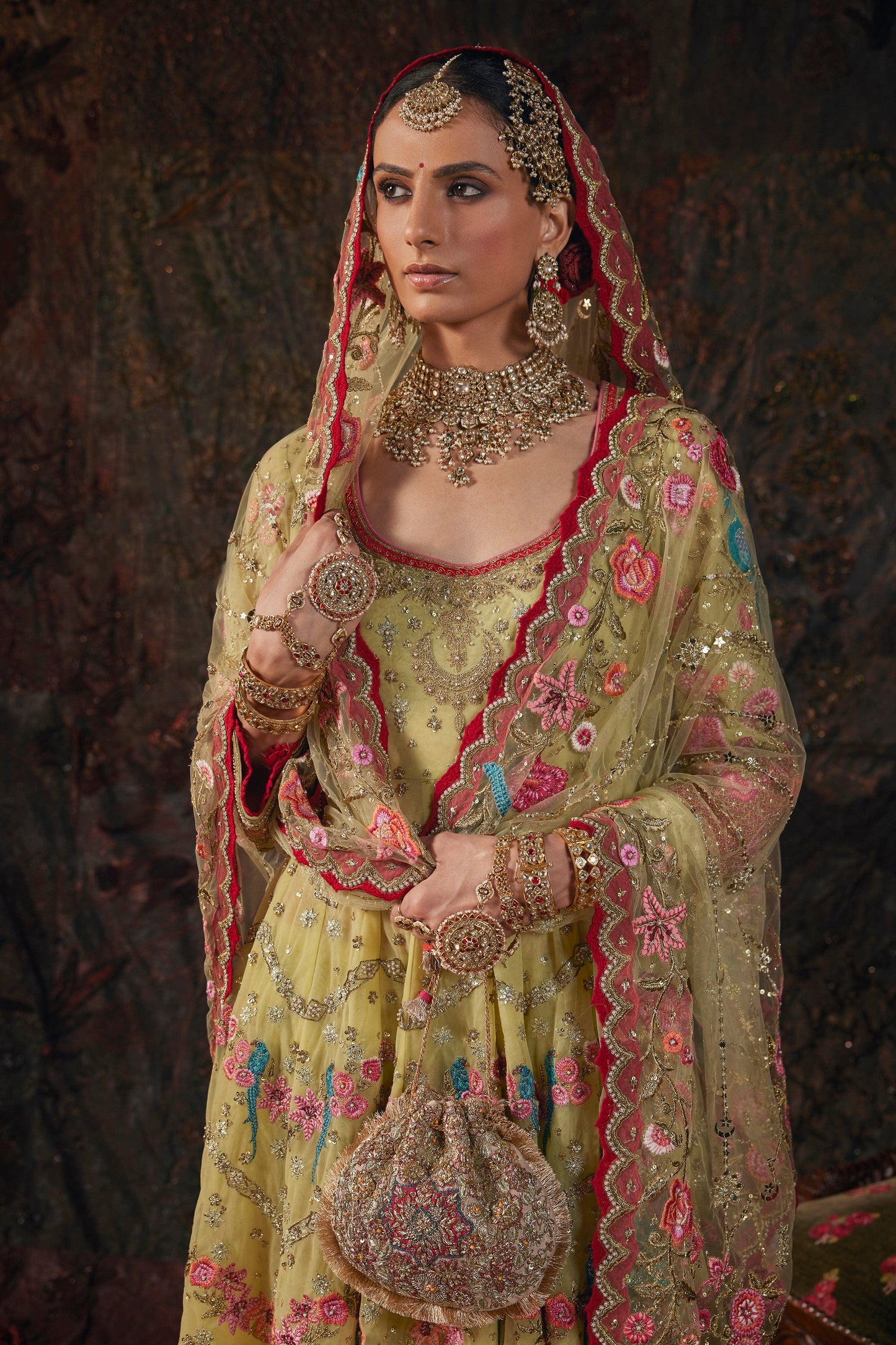 Earthy Pistachio Embroidered Kalidar Set