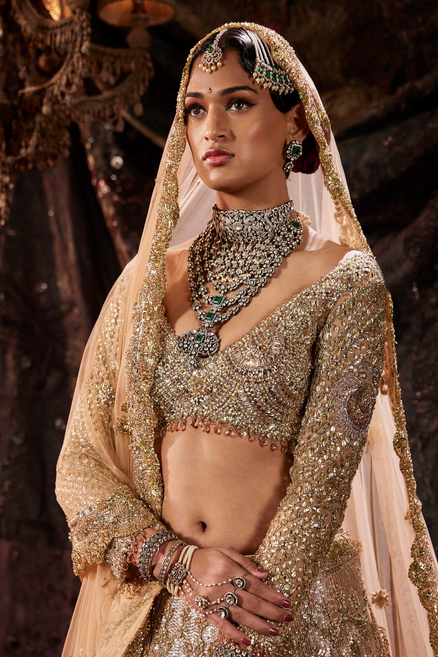 Burnished Gold Sequin Embellished Tulle Lehenga