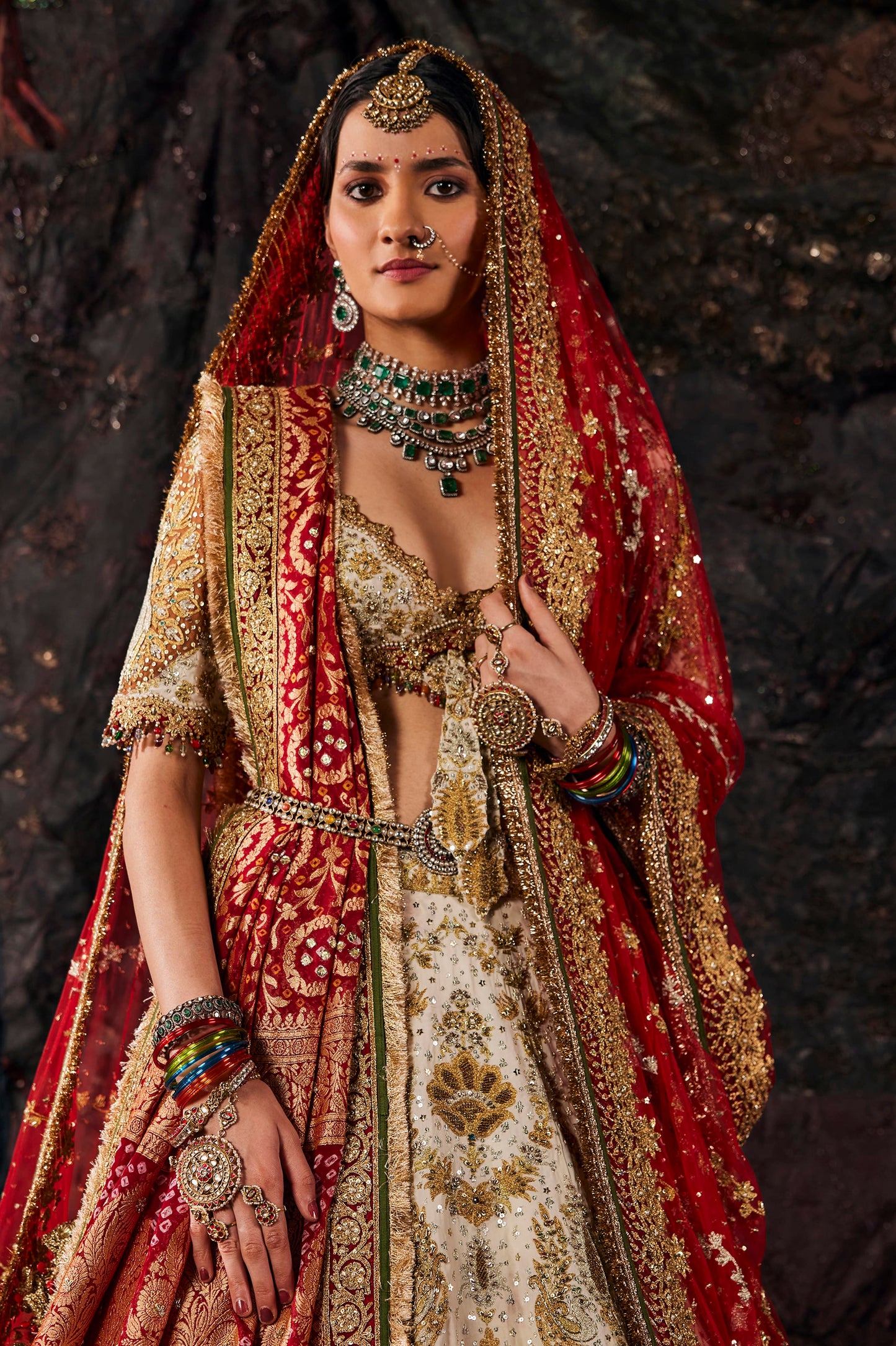 Red & Ivory Embroidered Georgette Lehenga