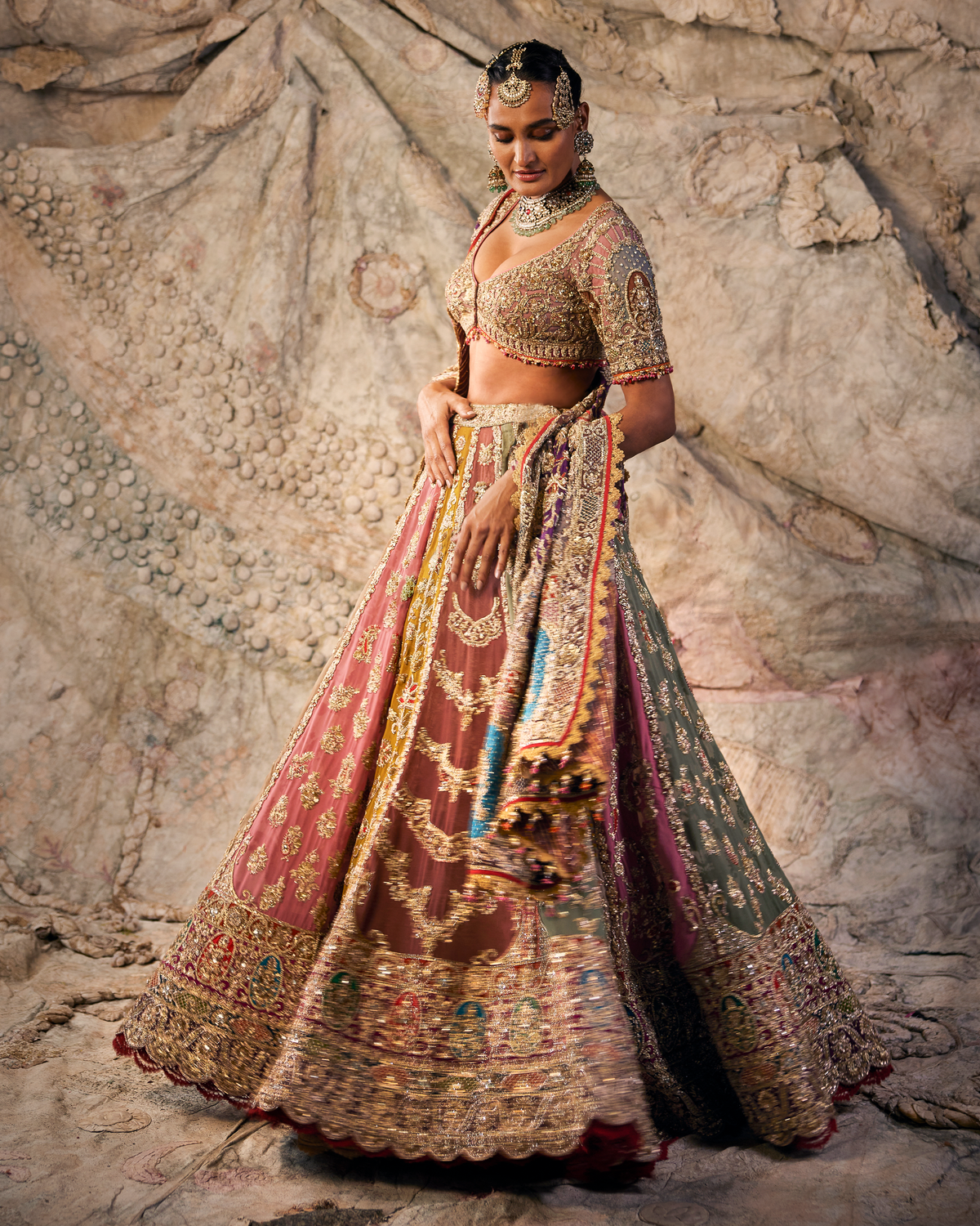 Mustard & Vintage Rose Embroidered Lehenga