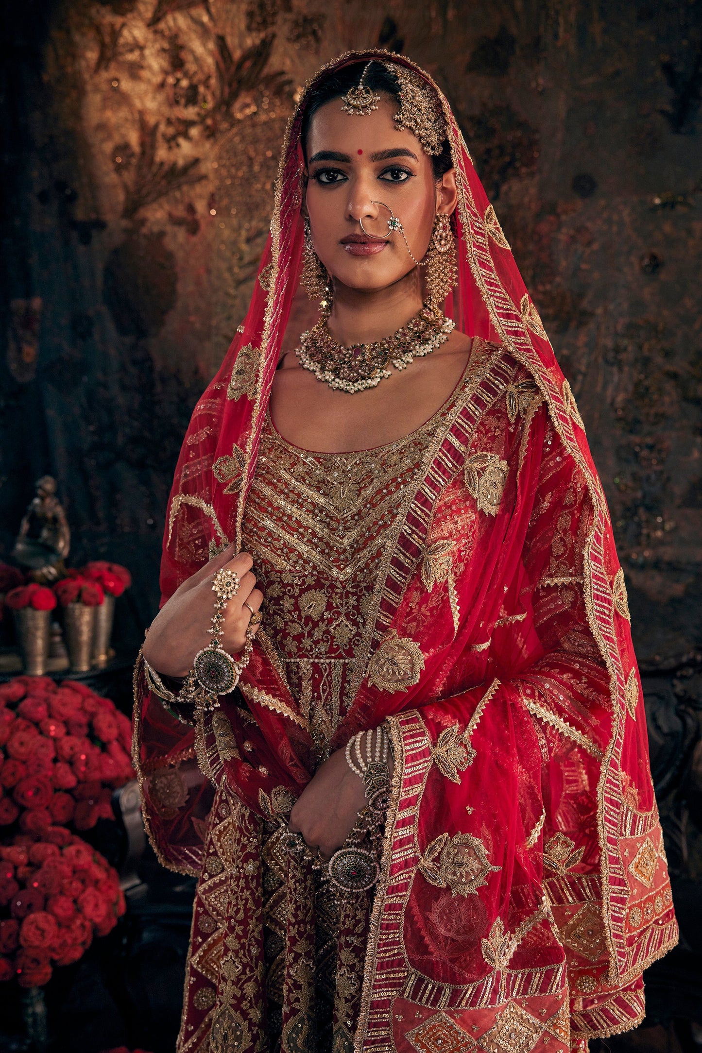 Scarlet Red Embroidered Kalidar Set