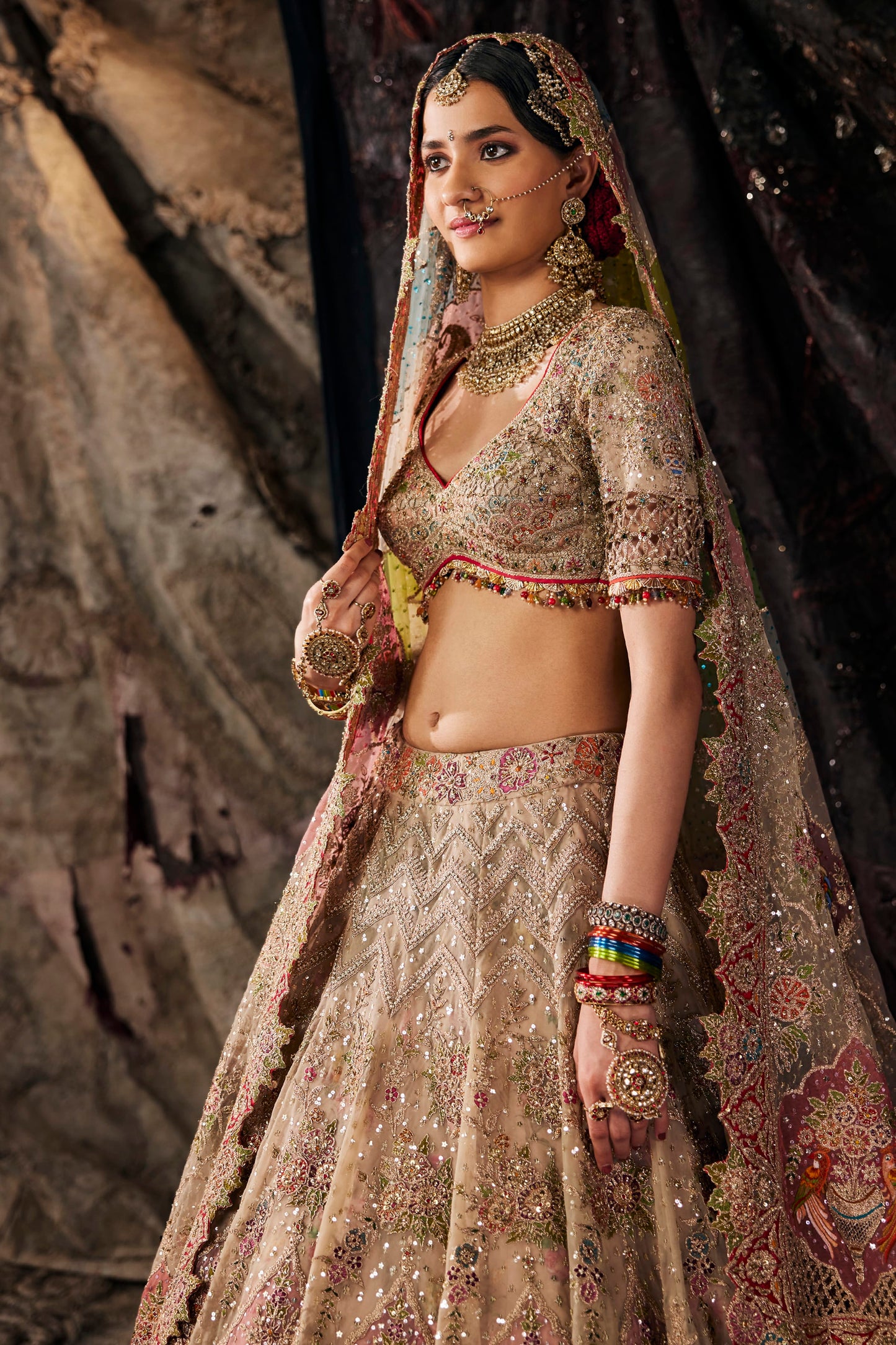 Ivory Mughal-Inspired Embroidered Tulle Lehenga