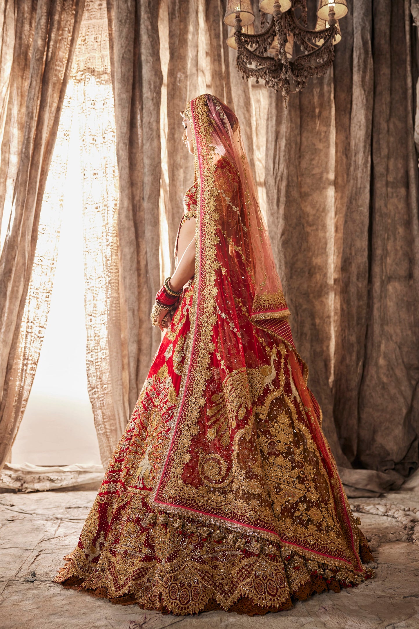 Red & Antique Gold Embroidered Lehenga