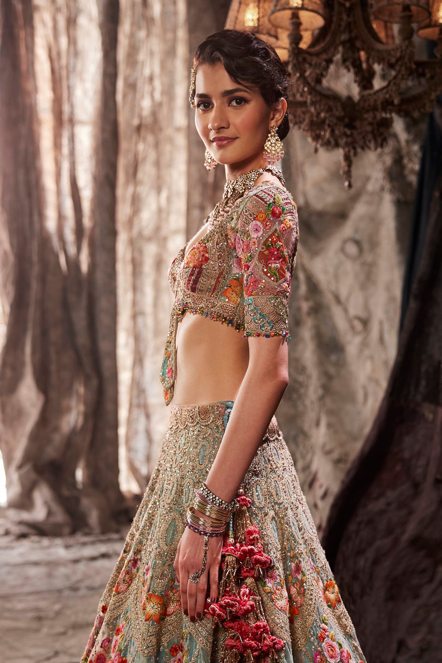 Frosted Blue Baroque Embroidered Tulle Lehenga