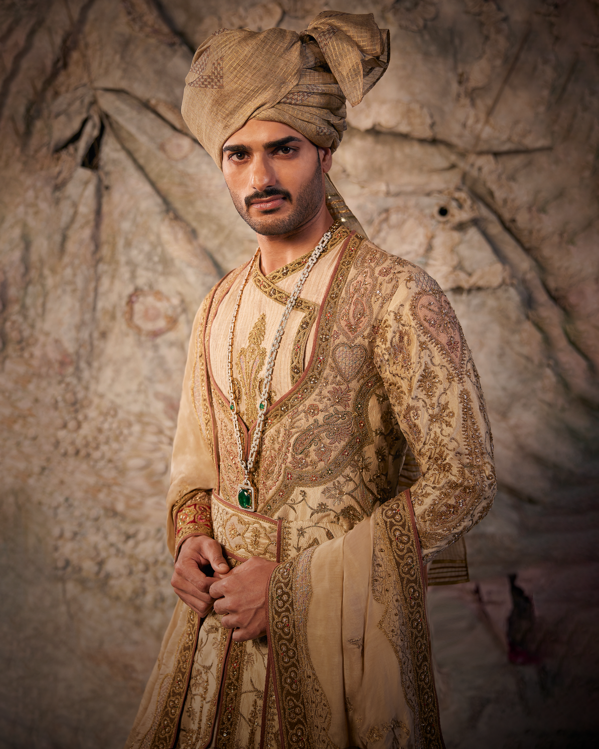 Fawn & Old Gold Embroidered Choga Set