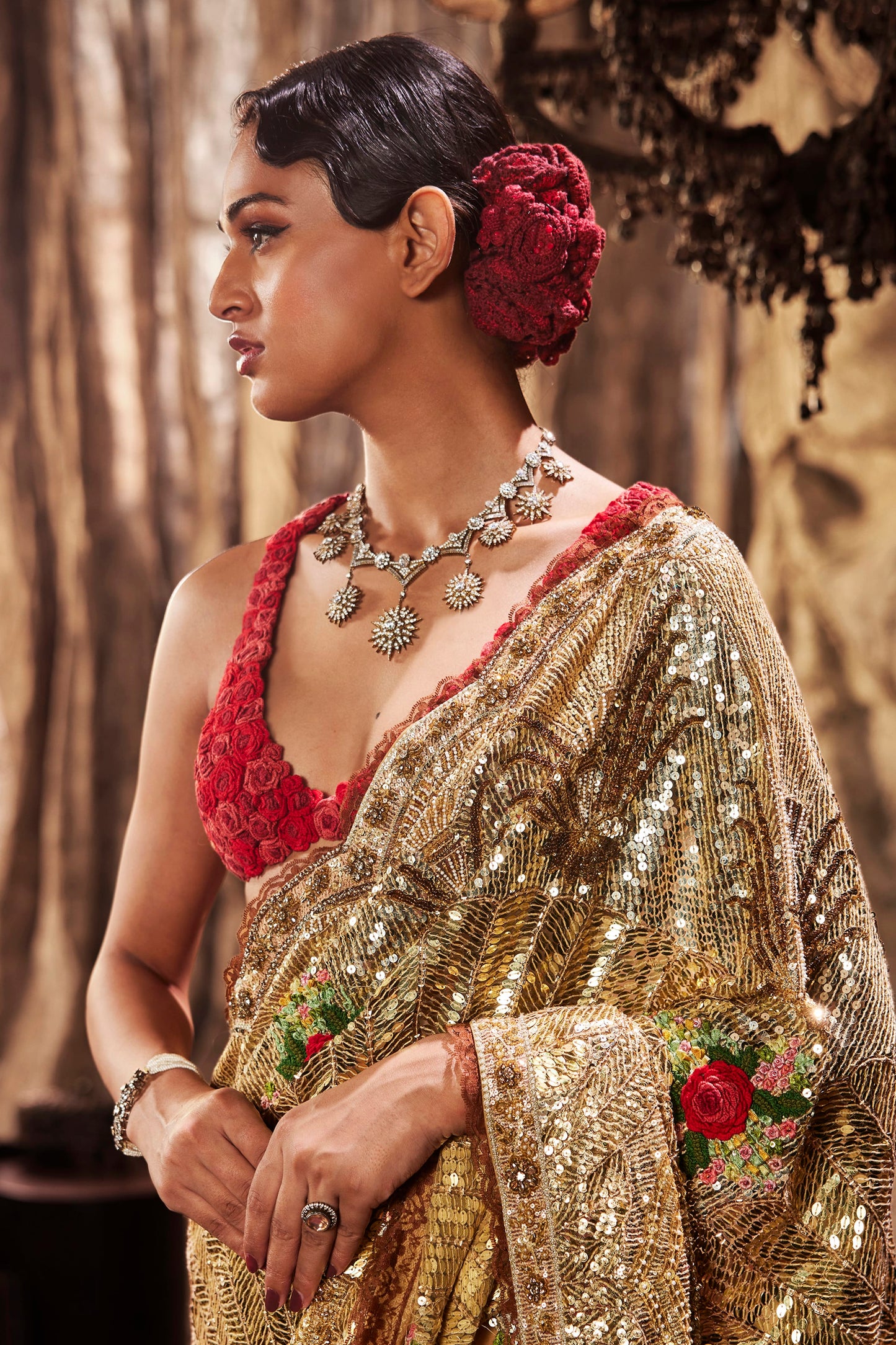 Golden Art Deco Embellished Tulle Saree