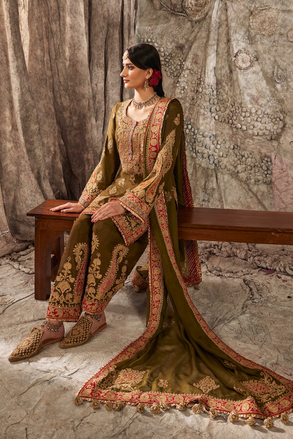 Olive Green Paisley Embroidered Kurta Set