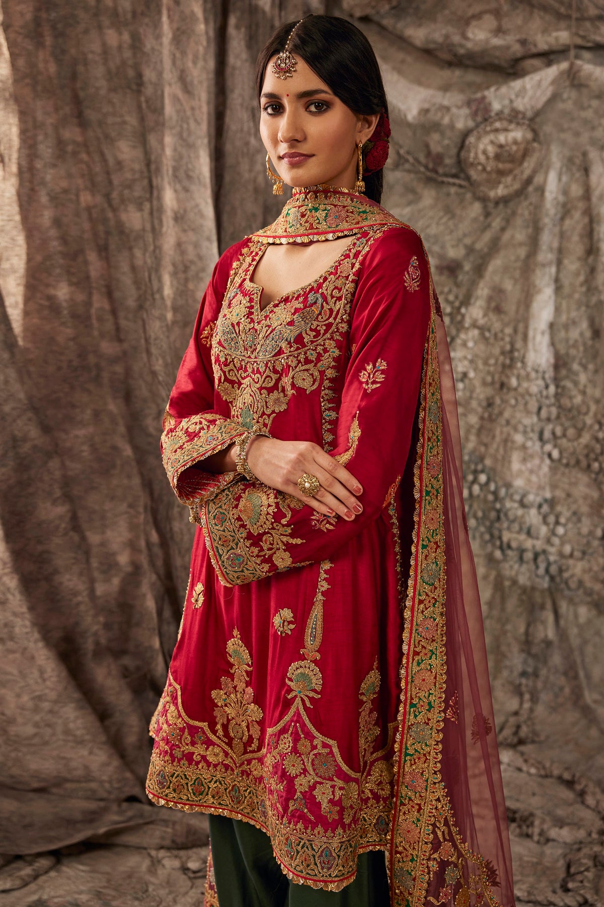 Earthy Red Embroidered Flared Kurta Set