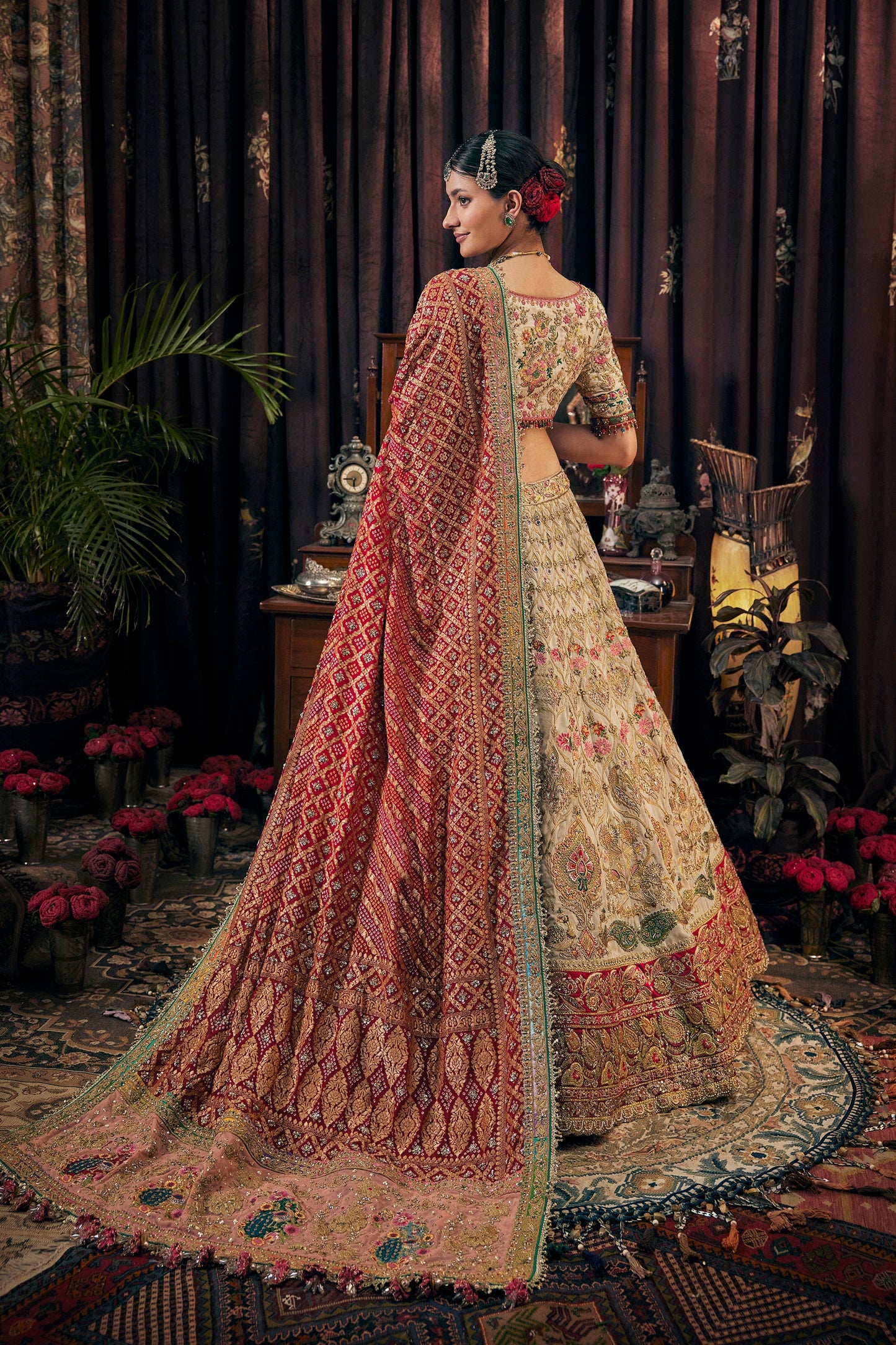 Ivory And Deep Red Lehenga
