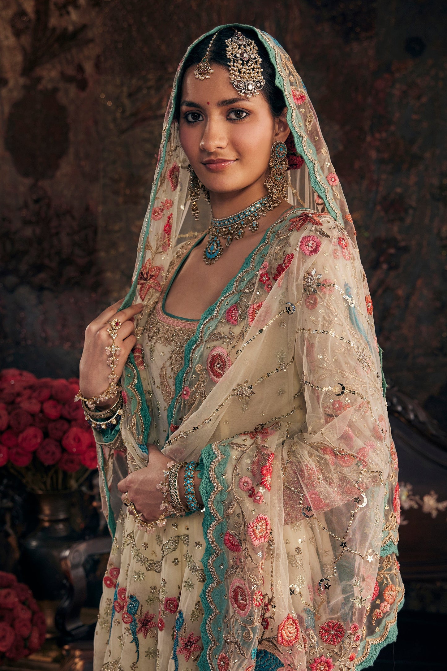 Ivory Embroidered Kalidar Set