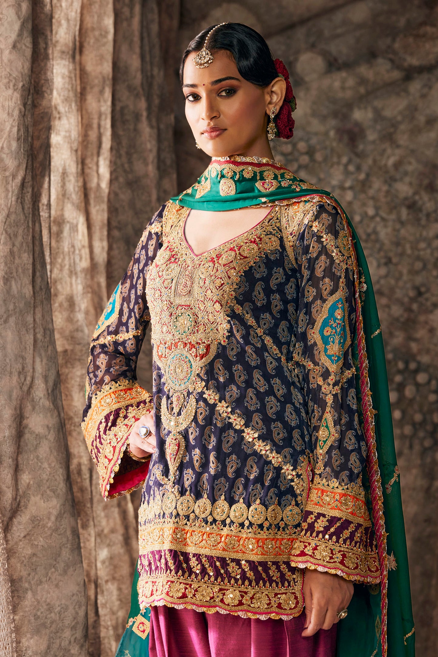 Midnight Blue & Ruby Pink Embroidered Kurti Set