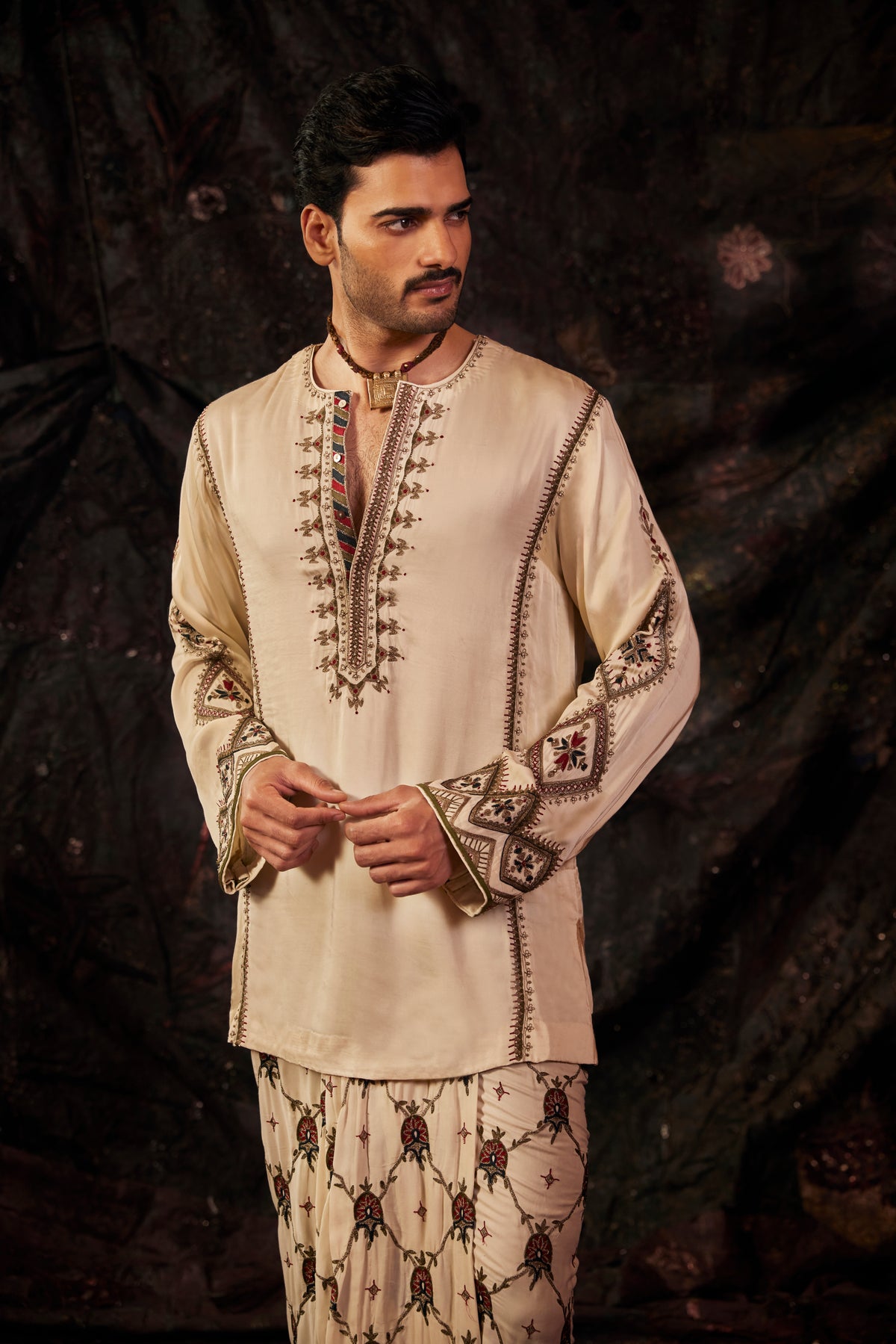 Ivory Embroidered Lungi Set