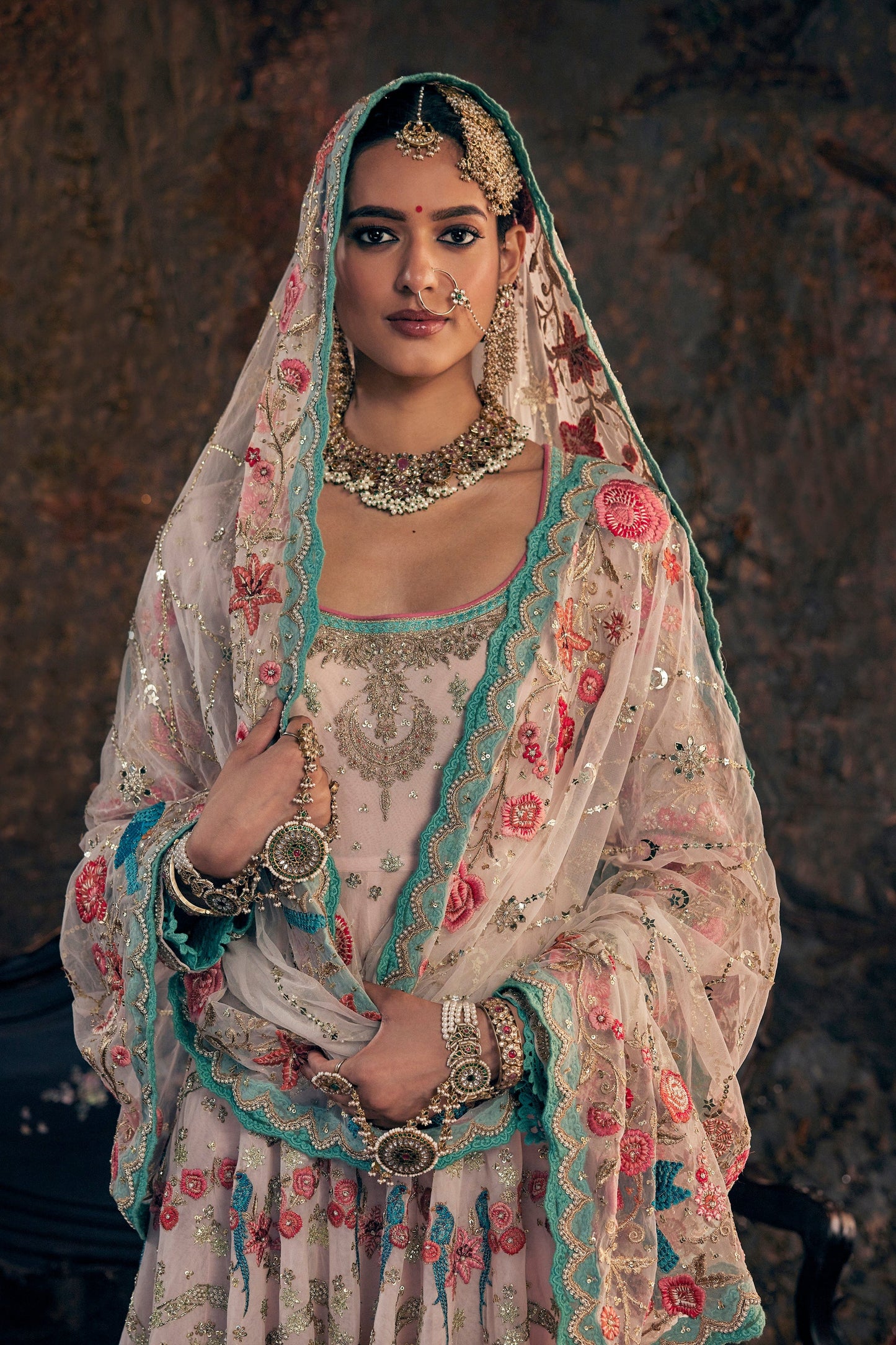 Pink Hued Embroidered Kalidar Set