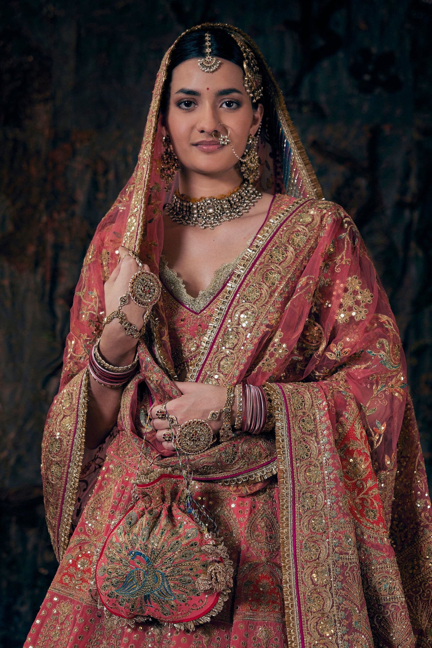 Coral Hued Embroidered Lehenga