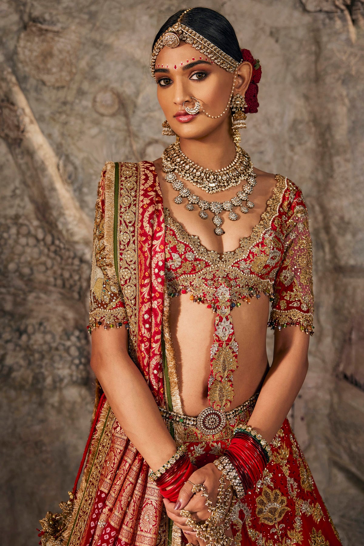 Red & Antique Gold Embroidered Lehenga
