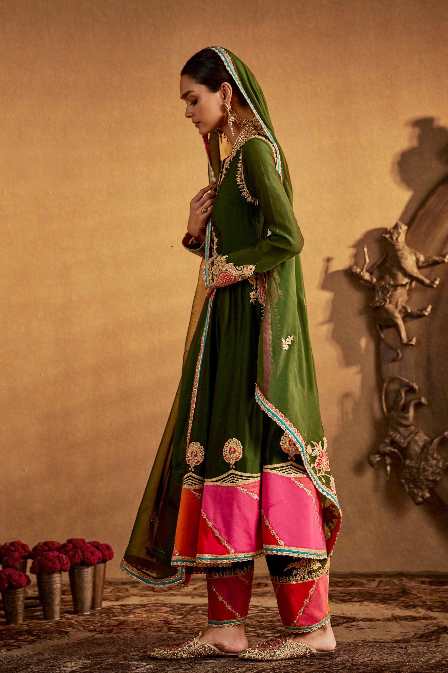 Deep Green Mughal Peacock Kurta Set