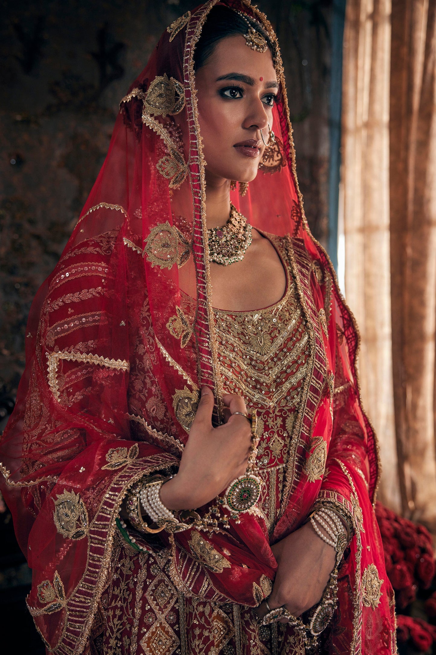 Scarlet Red Embroidered Kalidar Set