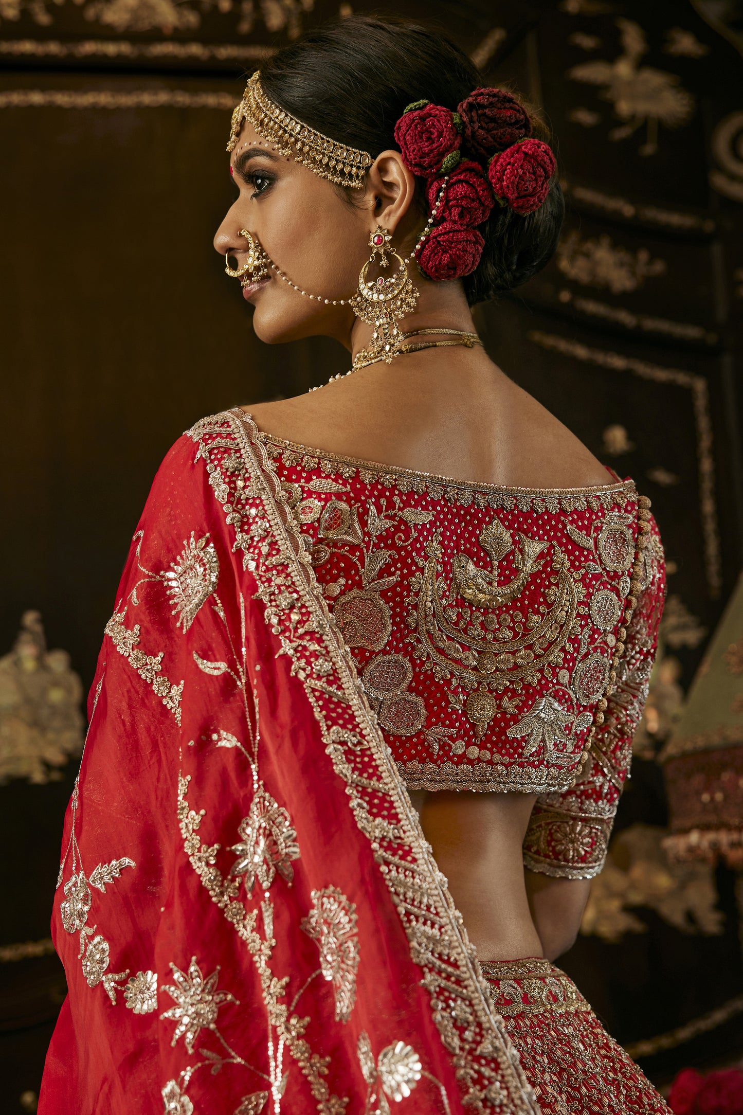 Lush Red Floral Bouquets Lehenga