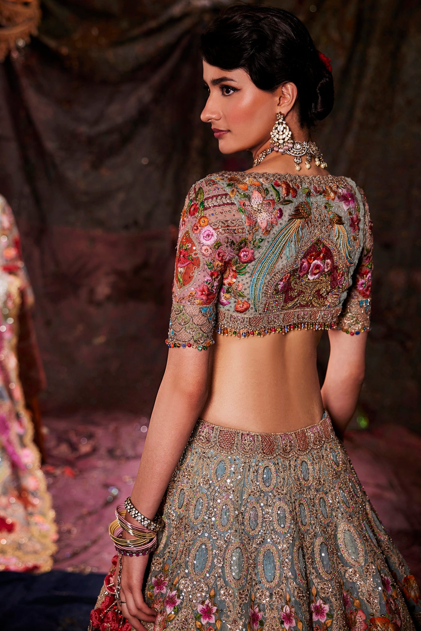Frosted Blue Baroque Embroidered Tulle Lehenga