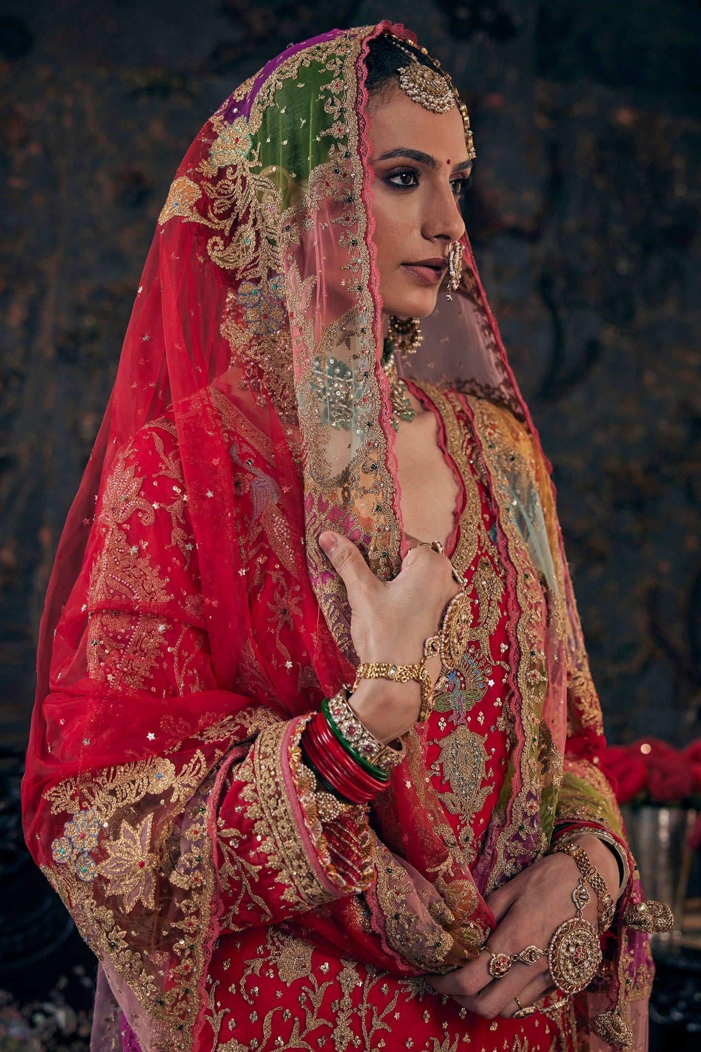 Vivid Red Embroidered Kalidar Set