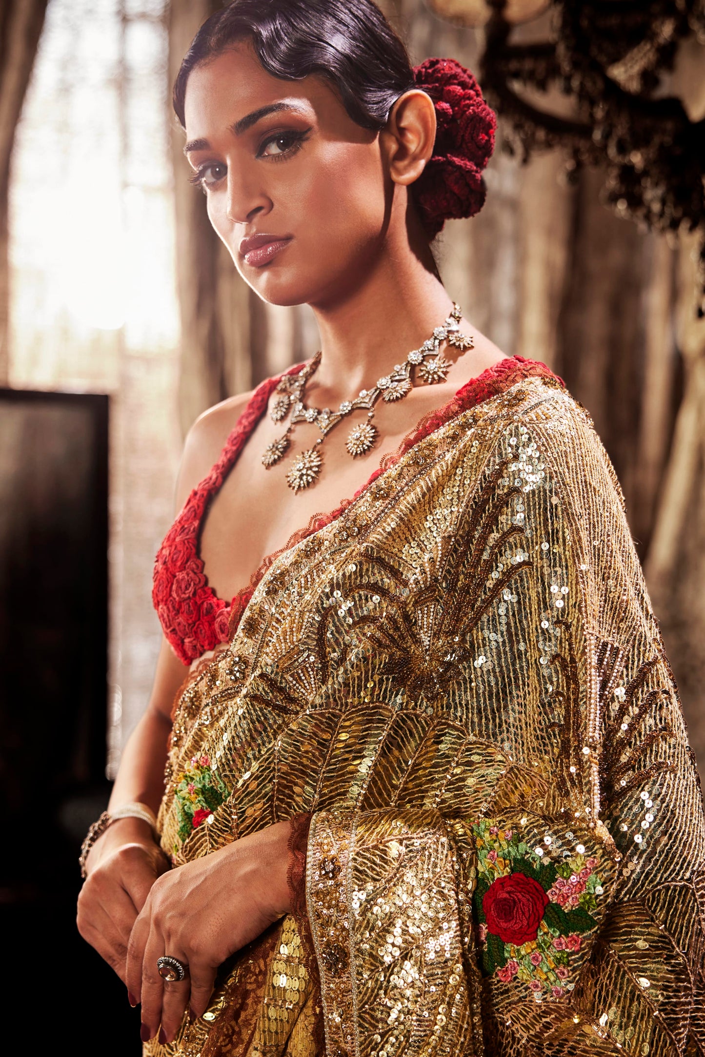 Golden Art Deco Embellished Tulle Saree