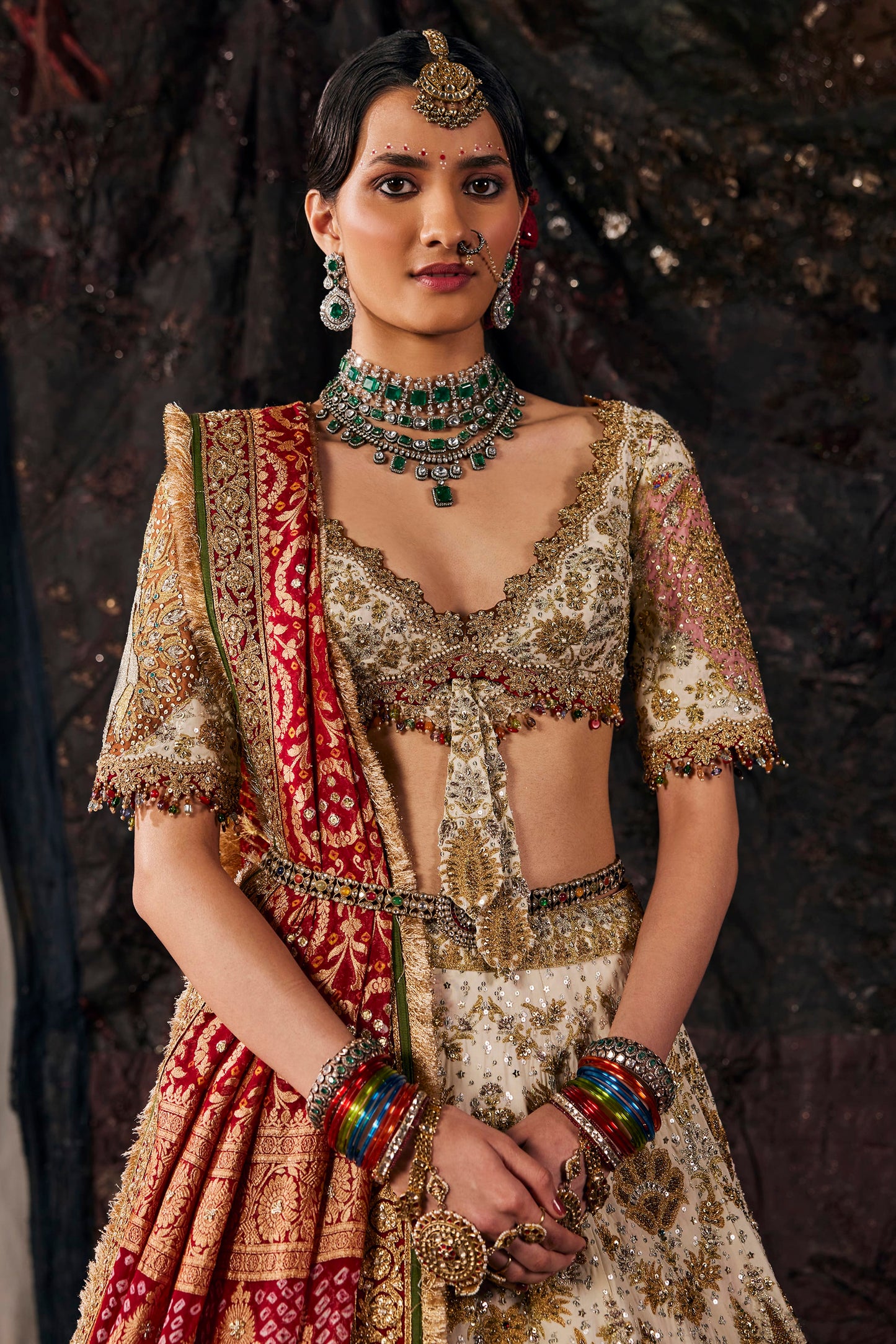 Red & Ivory Embroidered Georgette Lehenga
