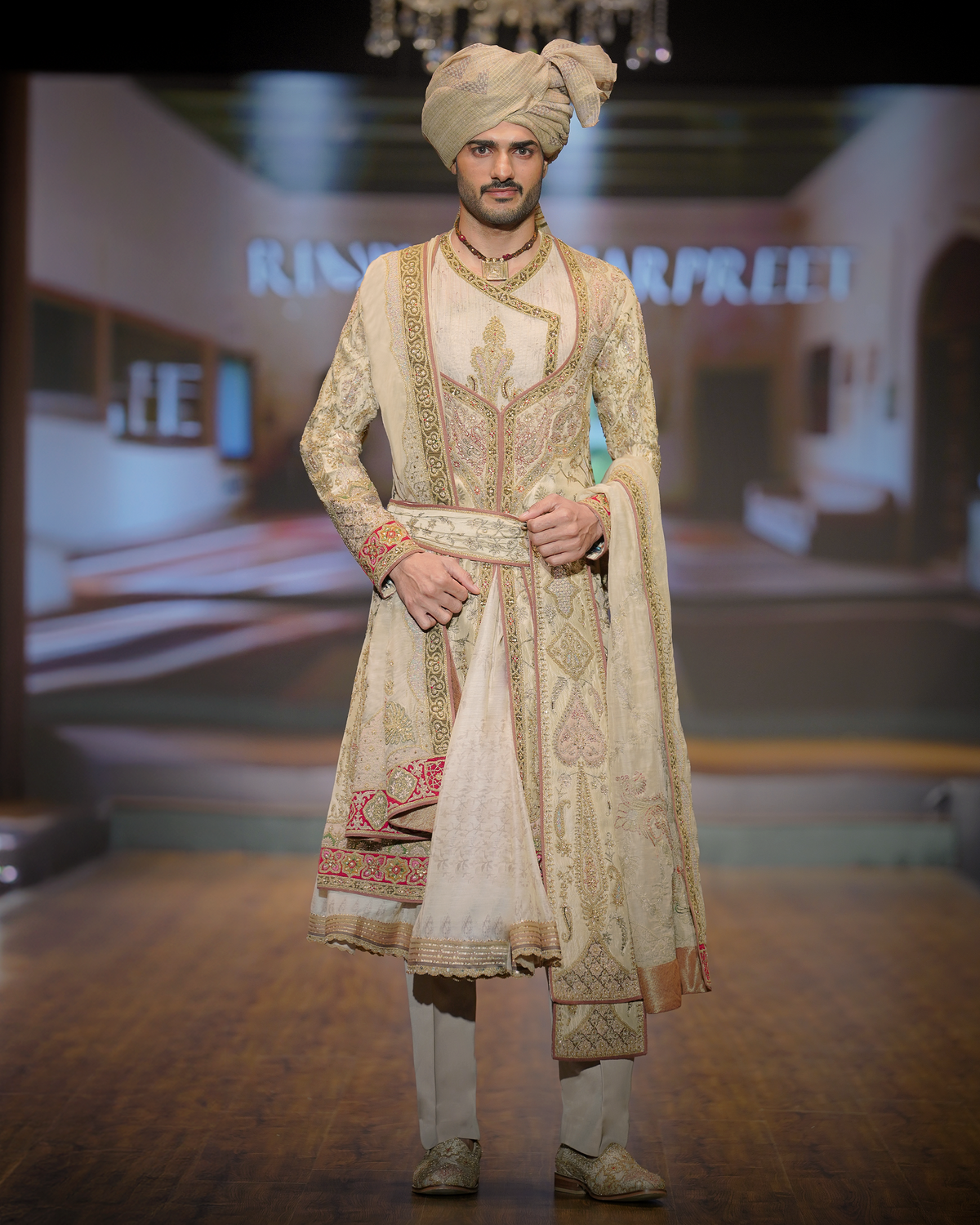 Fawn & Old Gold Embroidered Choga Set