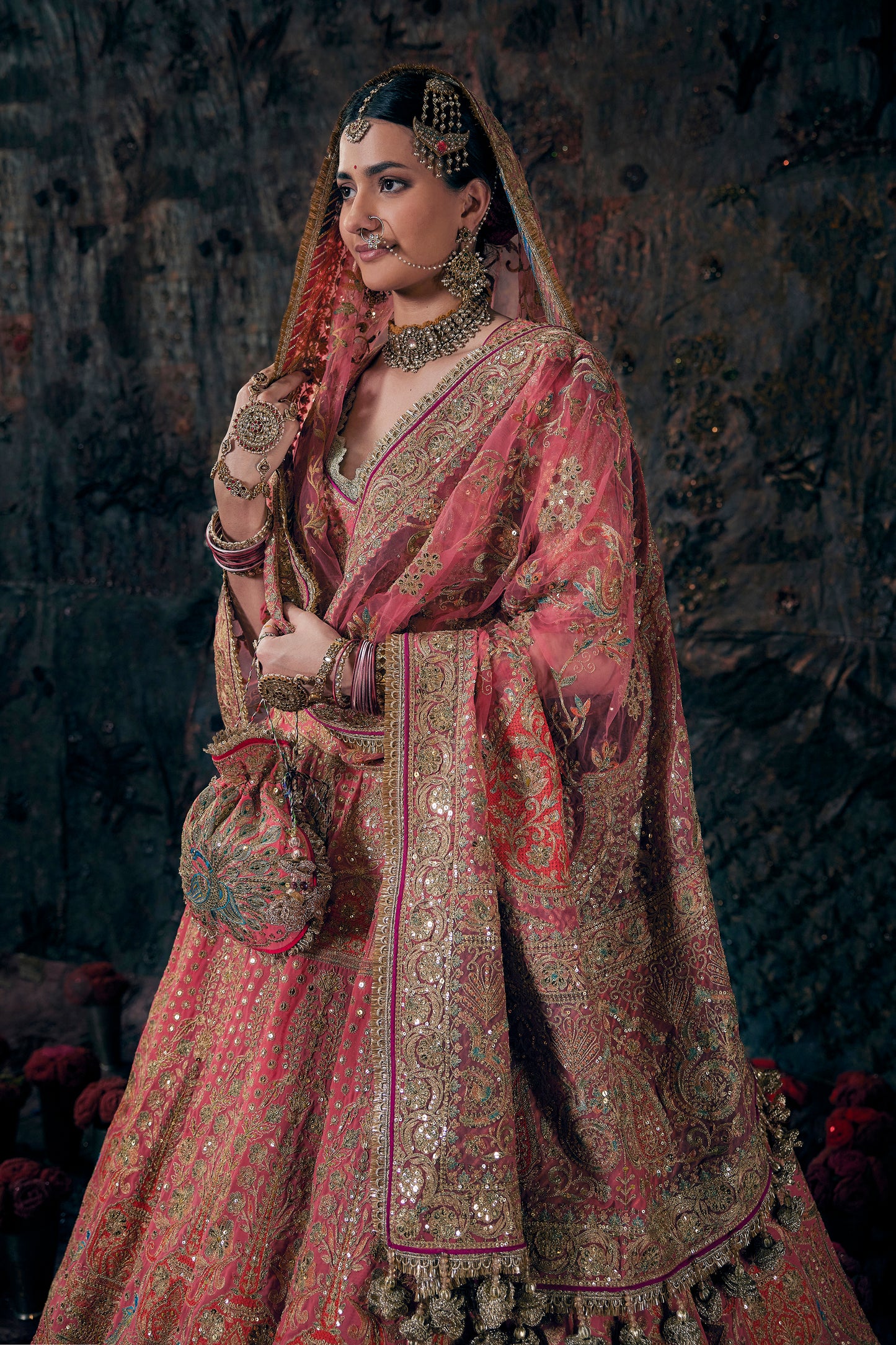 Coral Hued Embroidered Lehenga