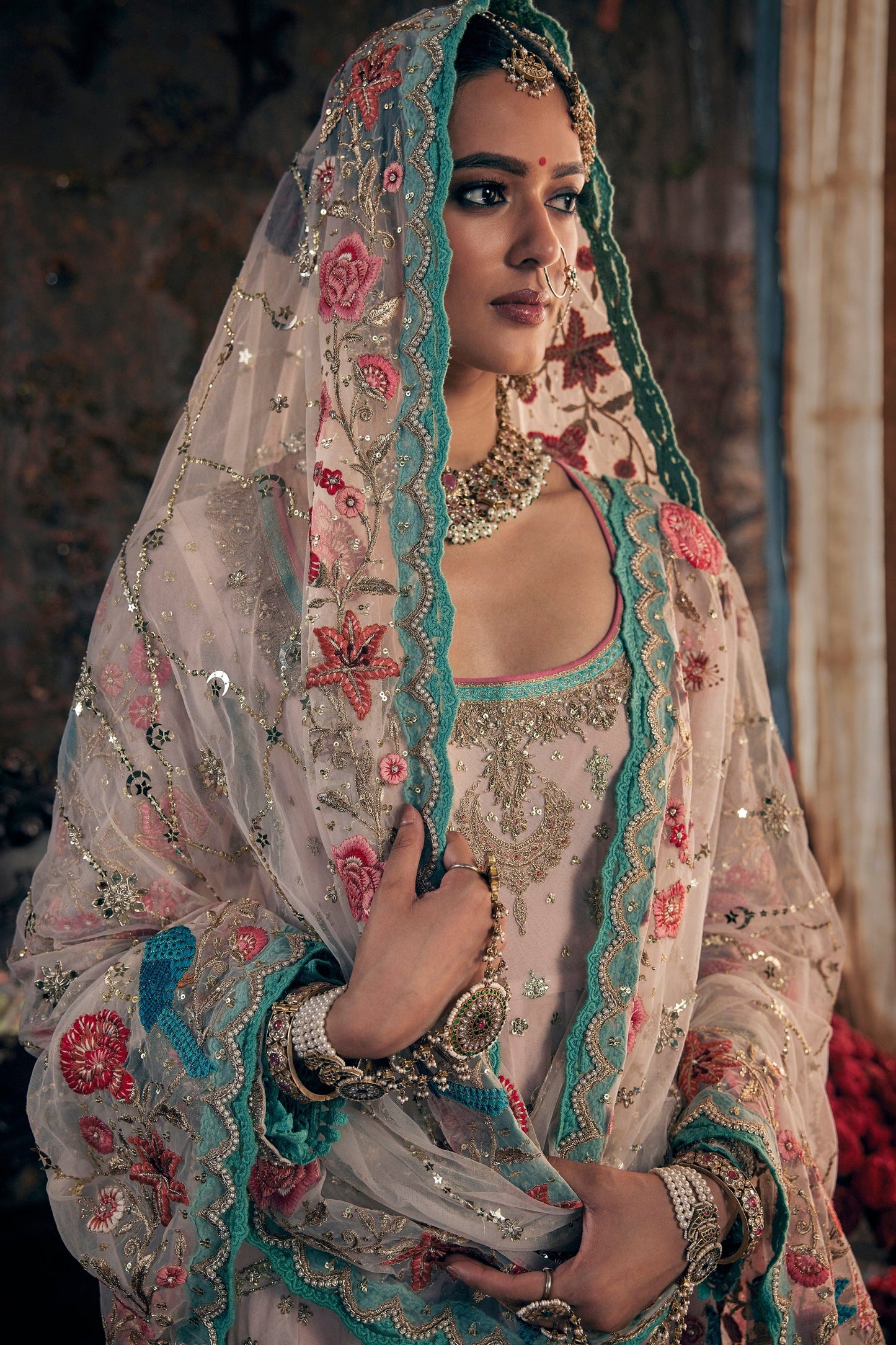 Pink Hued Embroidered Kalidar Set