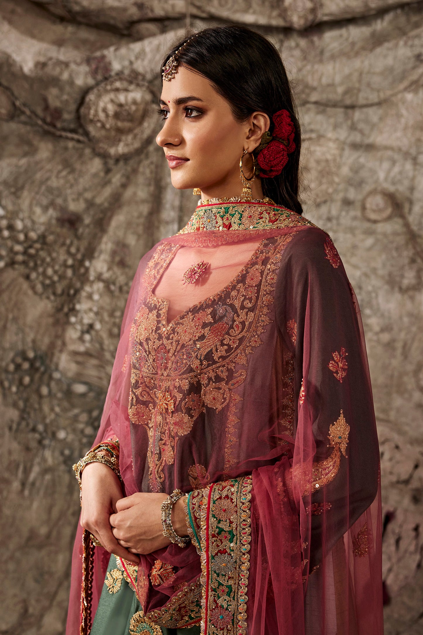 Teal Green Embroidered Flared Kurta Set