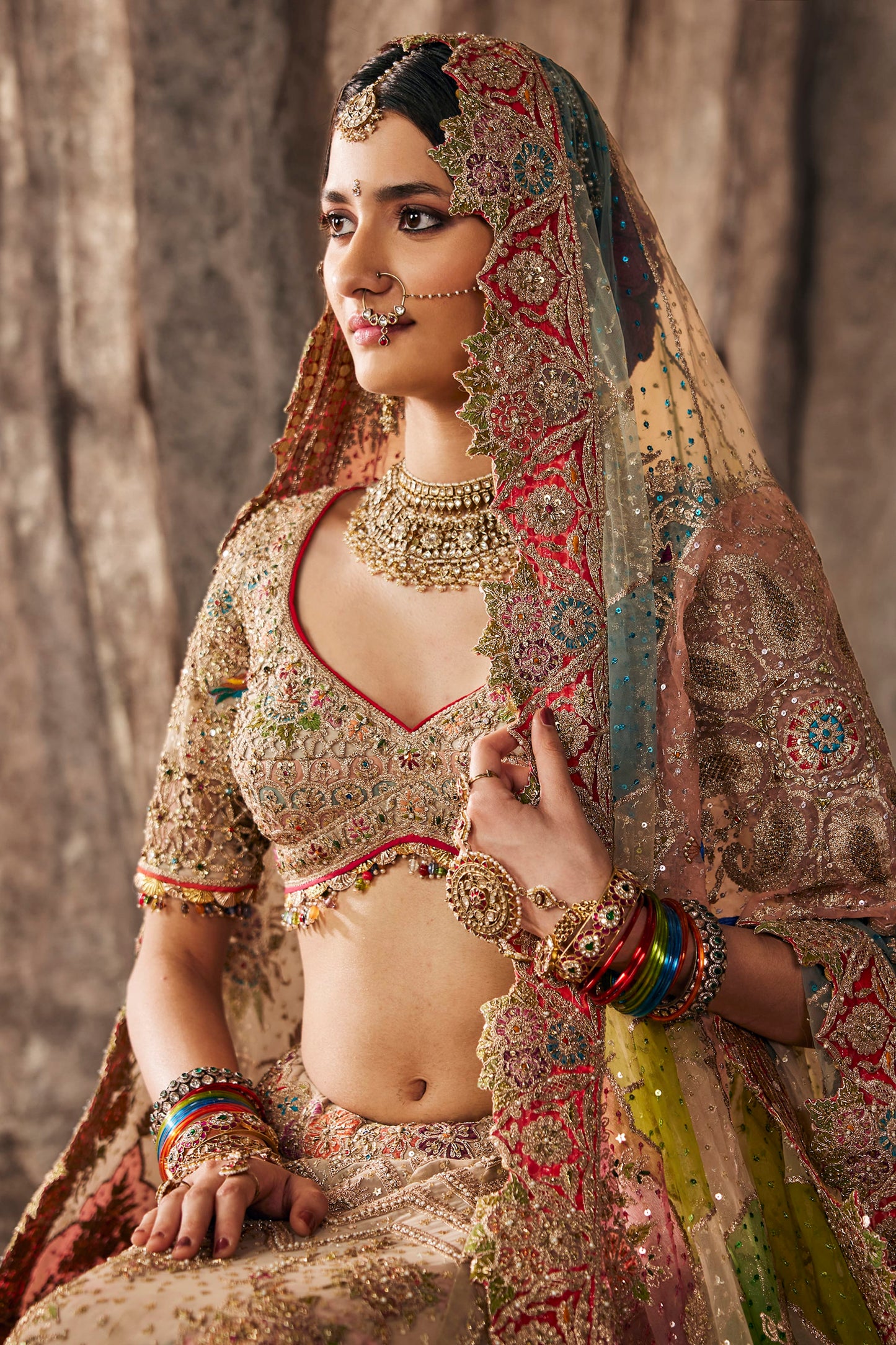 Ivory Mughal-Inspired Embroidered Tulle Lehenga