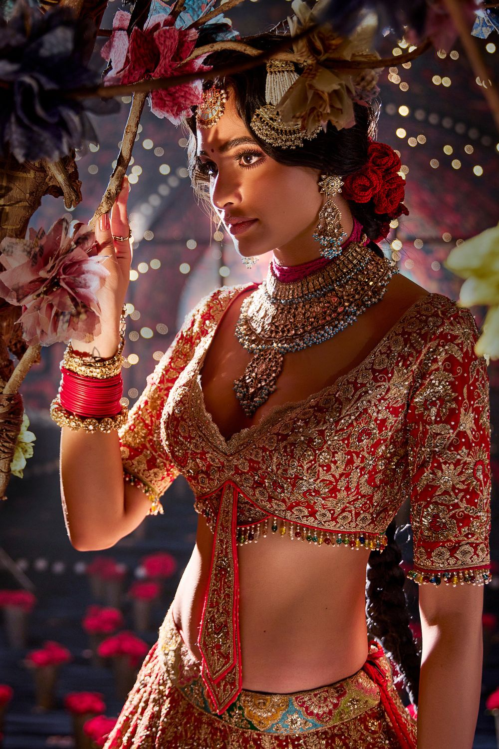 Deep Red  Seed Pearl Peacock Lehenga Set