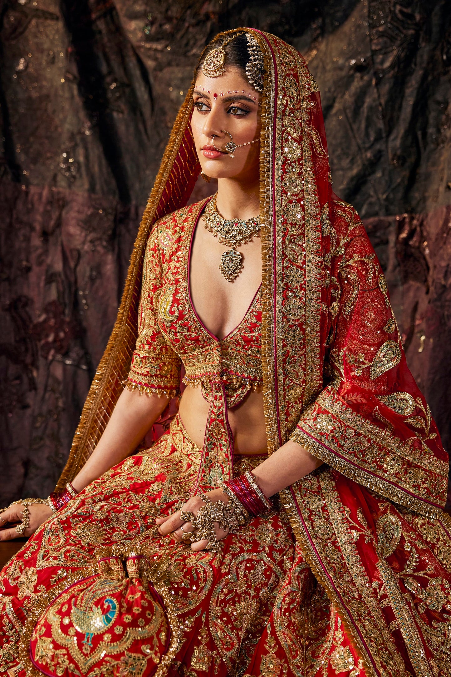 Deep Red Embroidered Georgette Lehenga