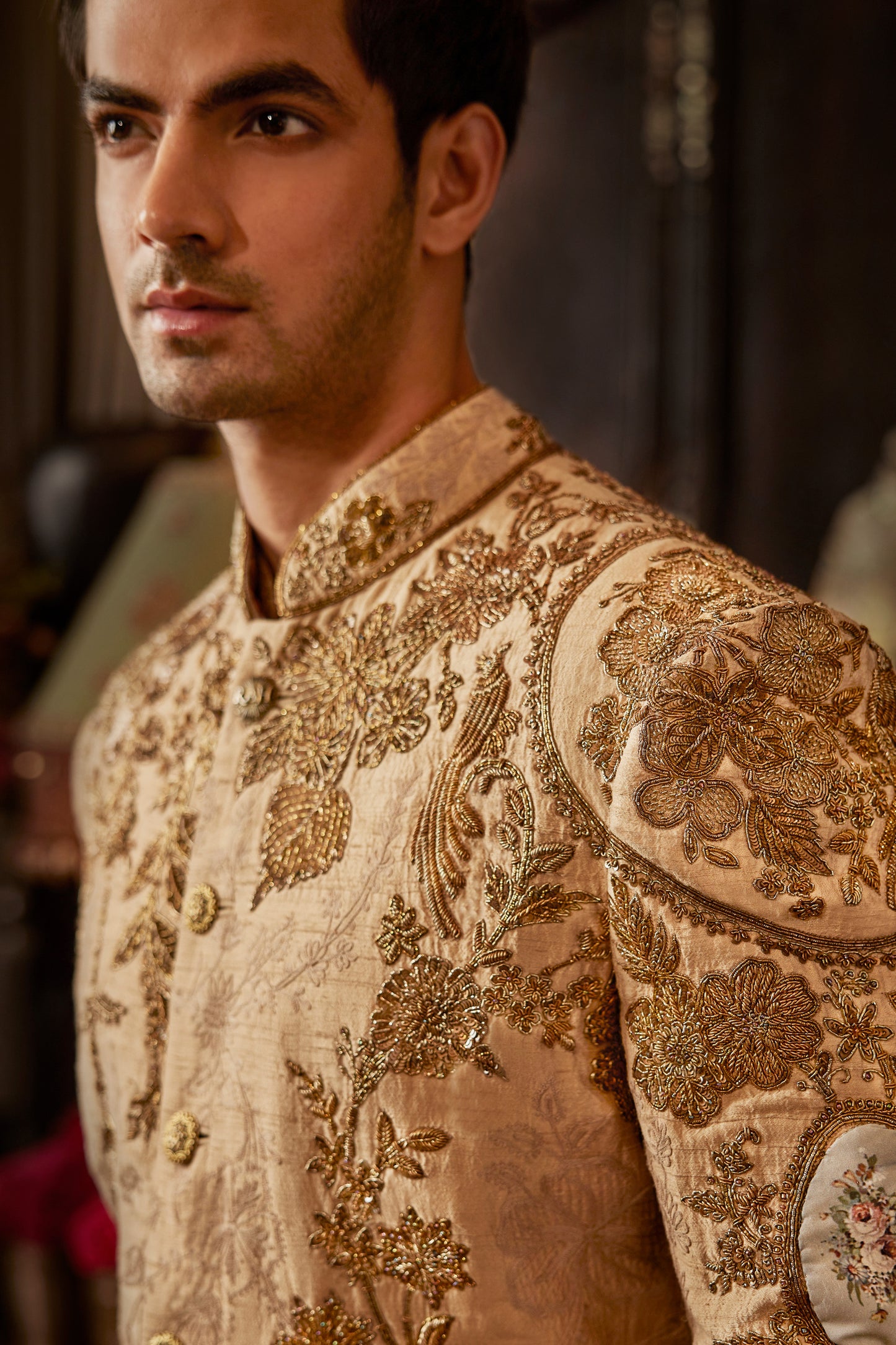 Beige Gold Silk Sherwani
