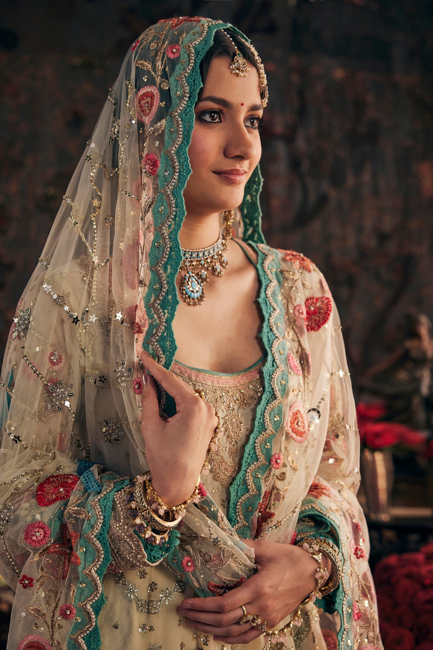 Ivory Embroidered Kalidar Set