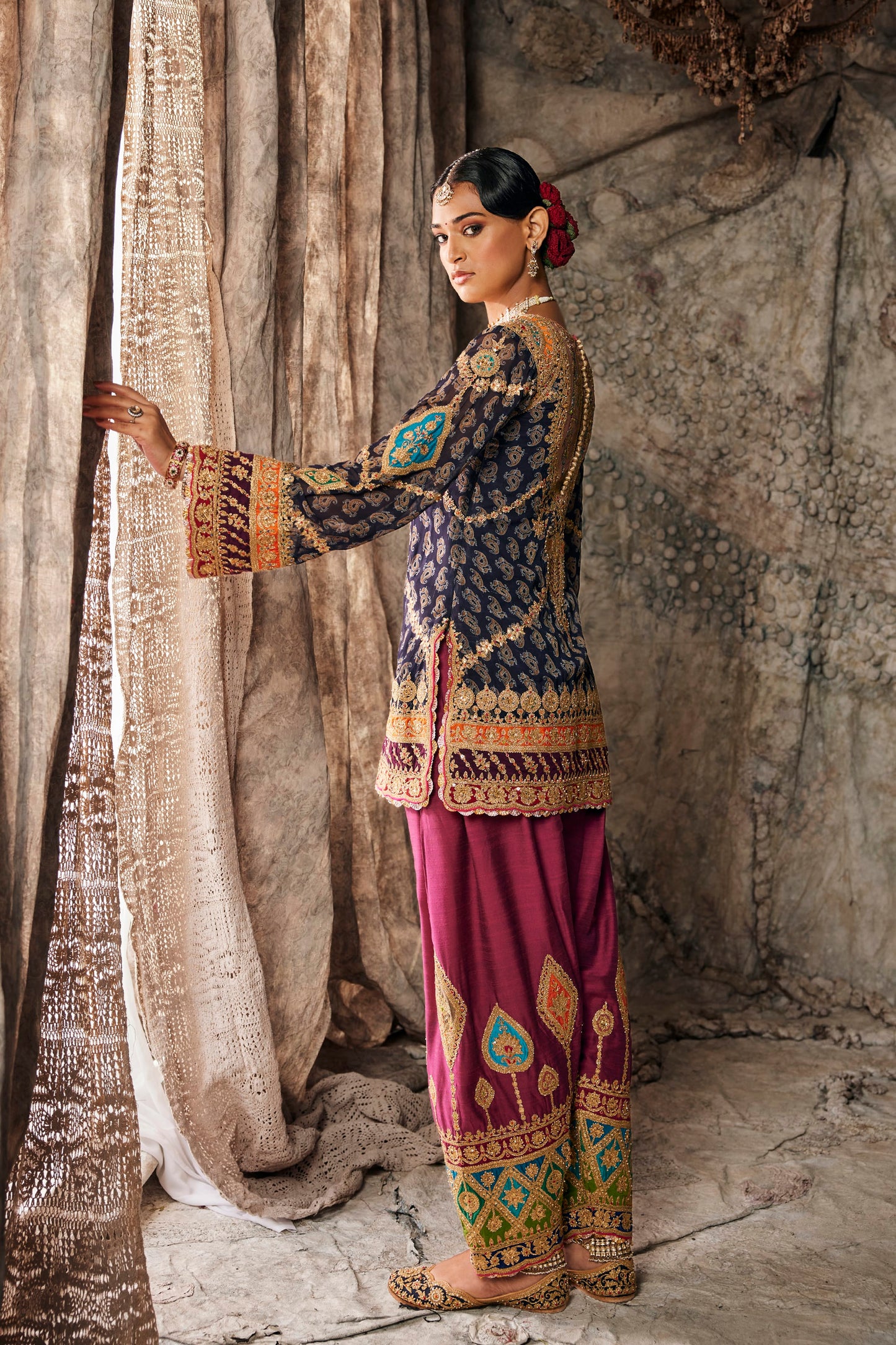 Midnight Blue & Ruby Pink Embroidered Kurti Set