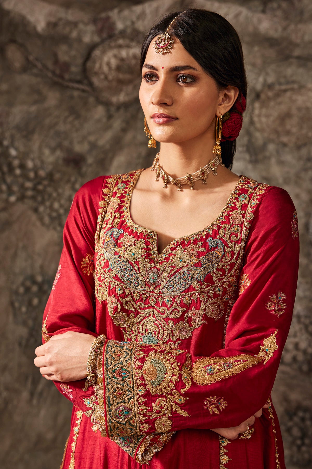 Earthy Red Embroidered Flared Kurta Set