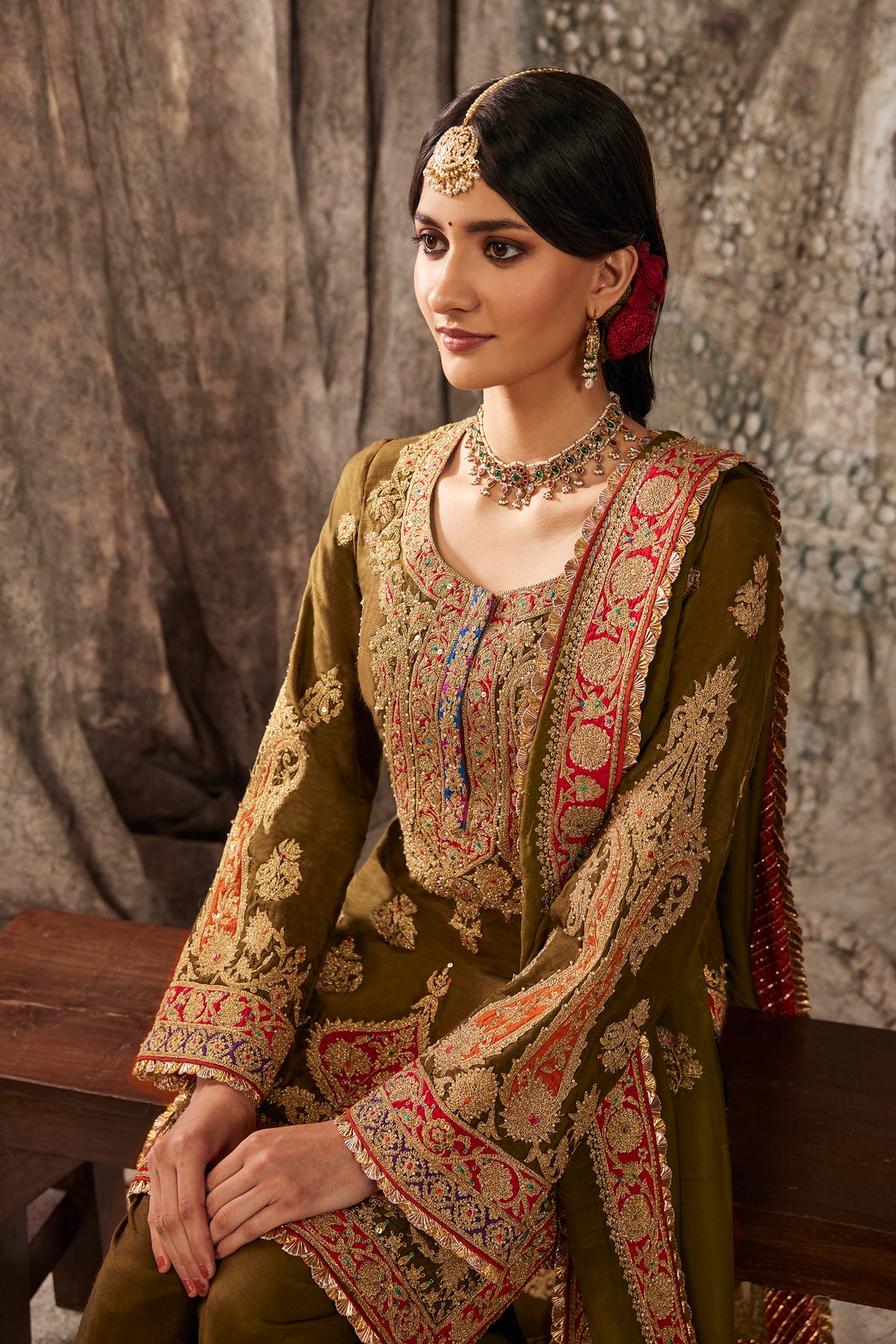 Olive Green Paisley Embroidered Kurta Set