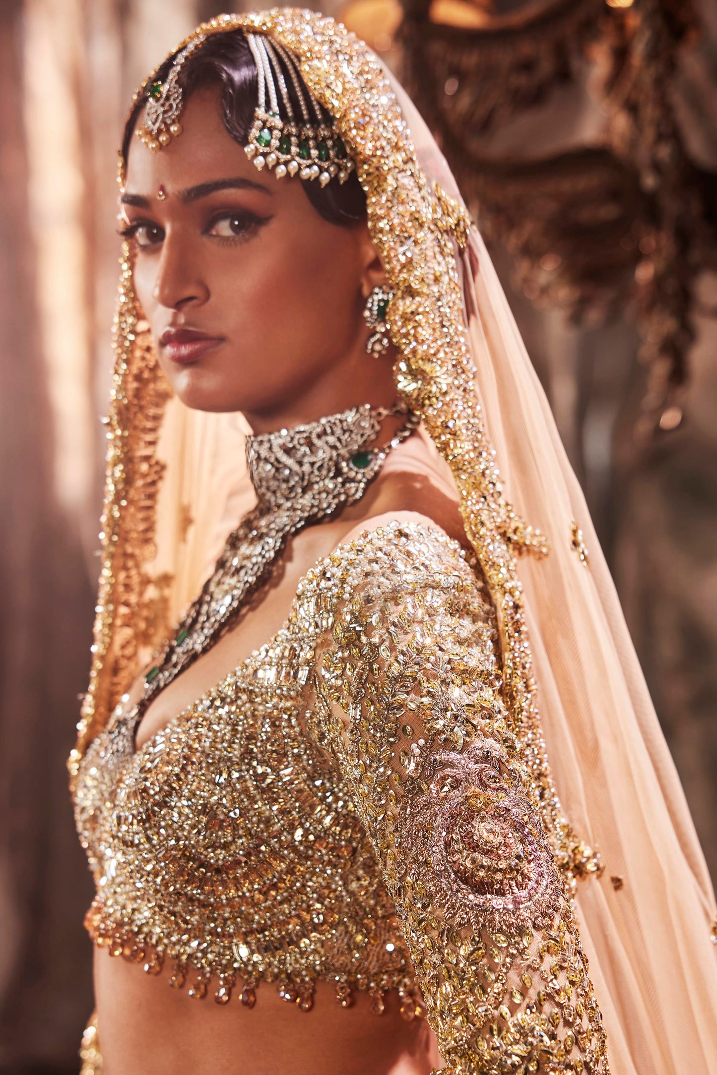 Burnished Gold Sequin Embellished Tulle Lehenga