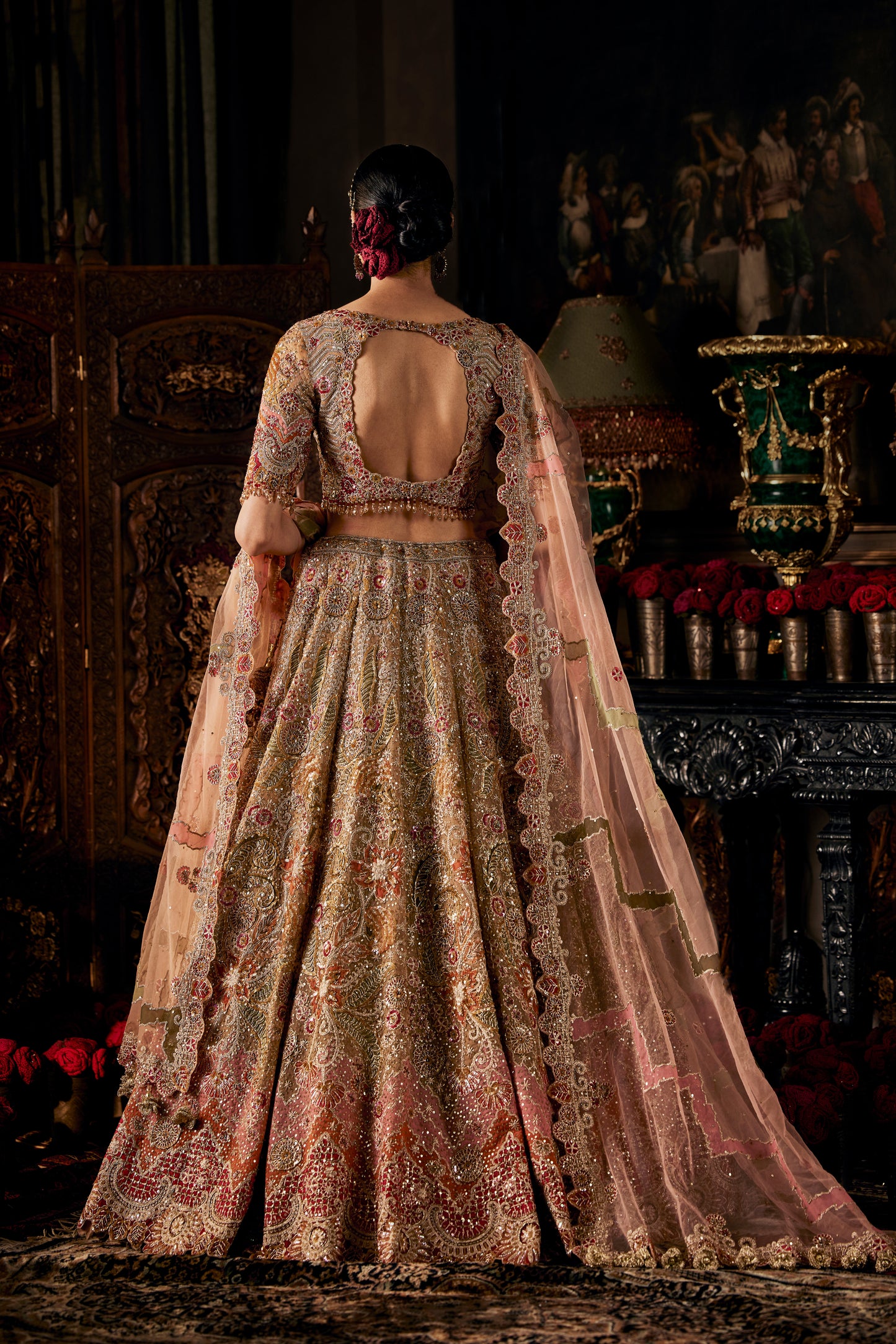 Peach Gold Tulle Lehenga