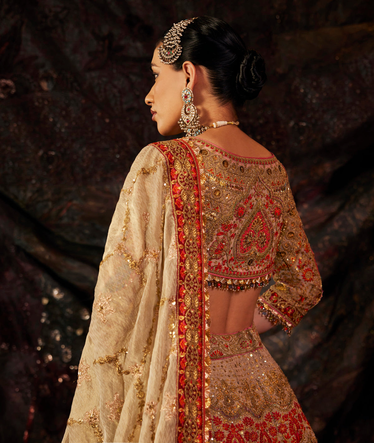 Antique Gold & Vermilion Embroidered Lehenga