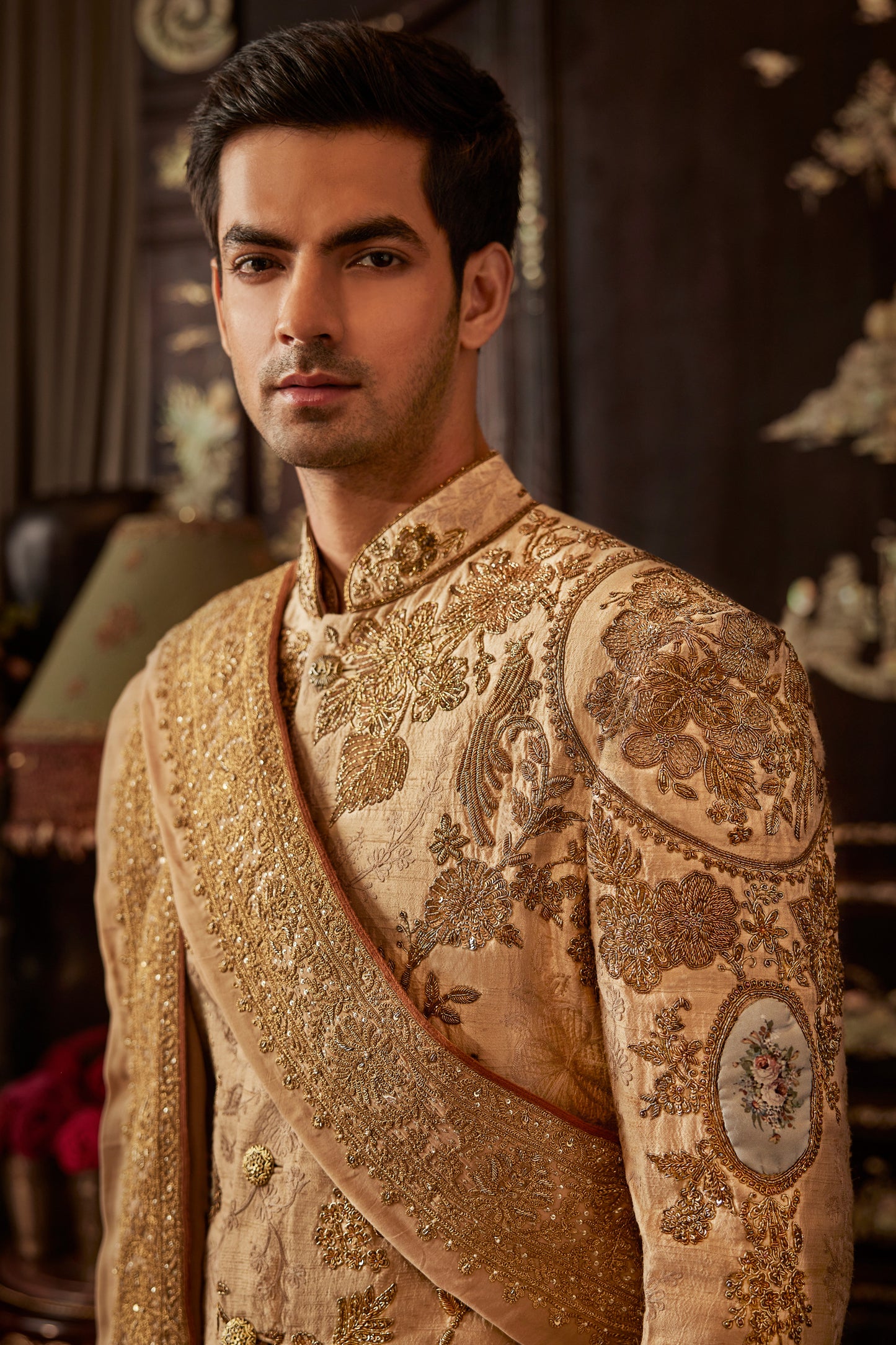 Beige Gold Silk Sherwani